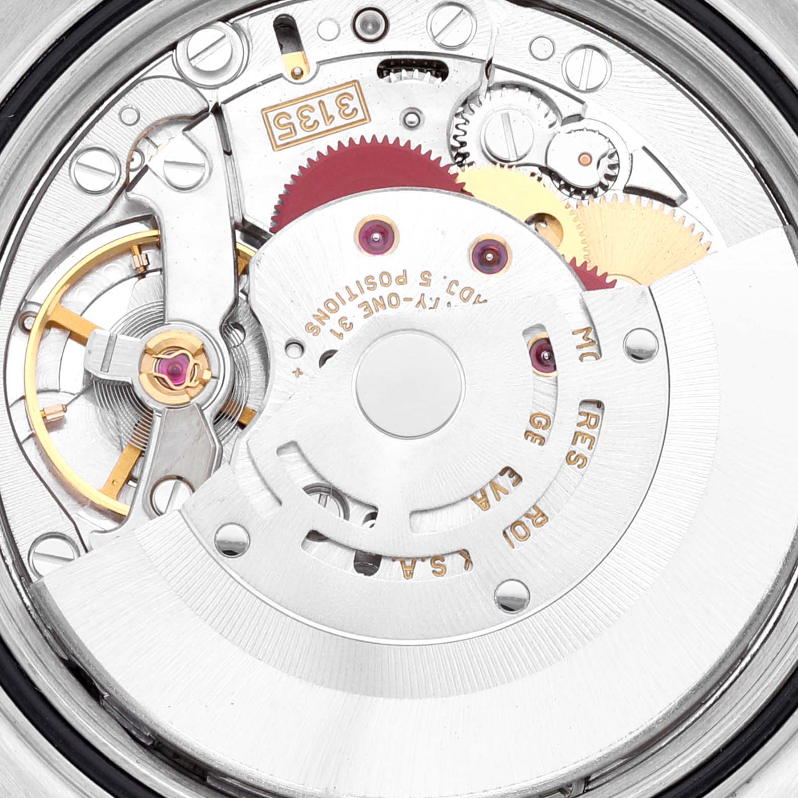 This image shows a close-up view of the internal movement mechanism of a Rolex Datejust 16233 Men
s Steel and Gold (two tone) Grey Dial 16233 Men
s Steel and Gold (two tone) Grey Dial model watch.