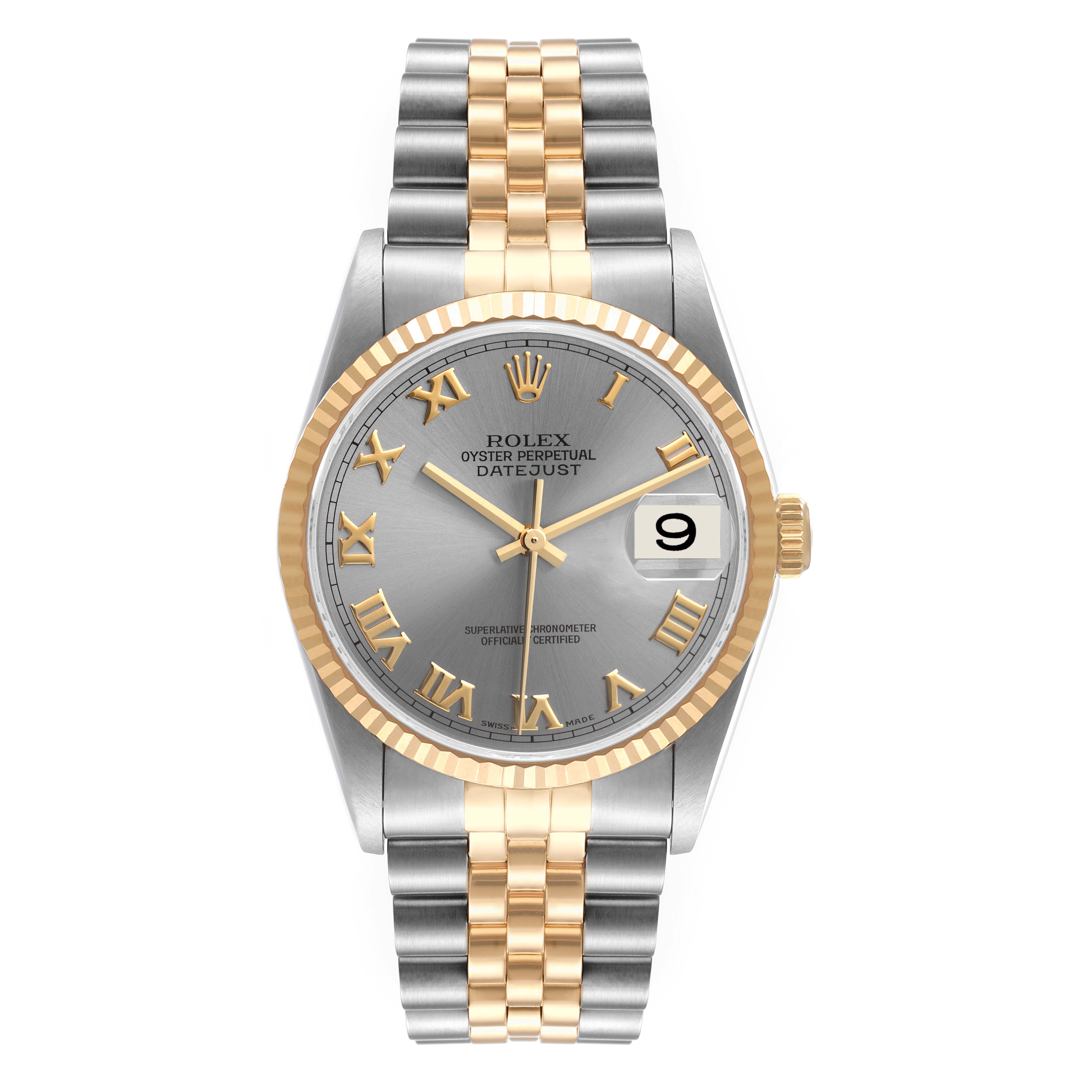 The image shows a Rolex Datejust 16233 Men
s Steel and Gold (two tone) Grey Dial 16233 Men
s Steel and Gold (two tone) Grey Dial watch taken from the front, showcasing the face, bezel, and bracelet.