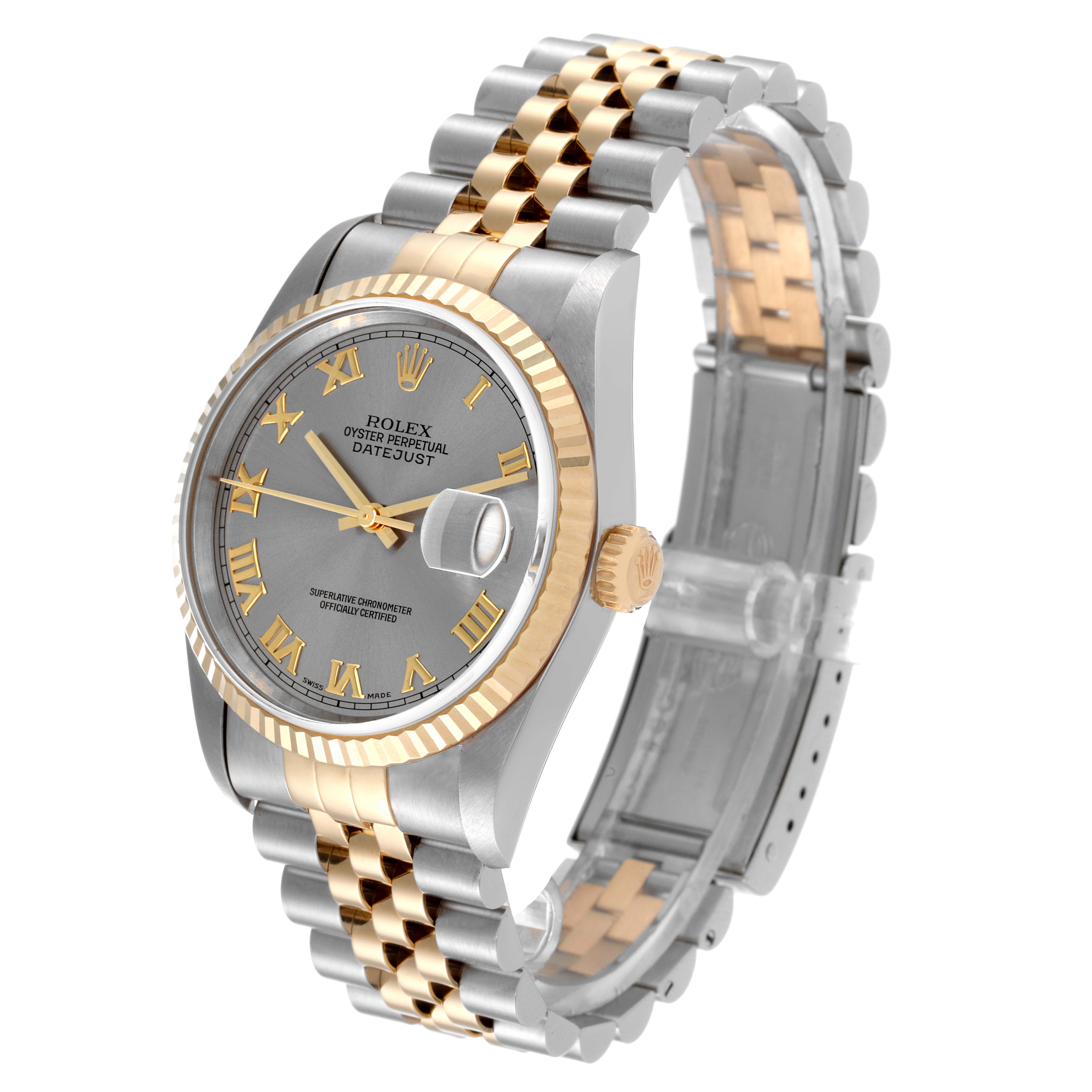 The image features a Rolex Datejust 16233 Men
s Steel and Gold (two tone) Grey Dial 16233 Men
s Steel and Gold (two tone) Grey Dial watch at a slight angle, showcasing the face, fluted bezel, crown, and jubilee bracelet.