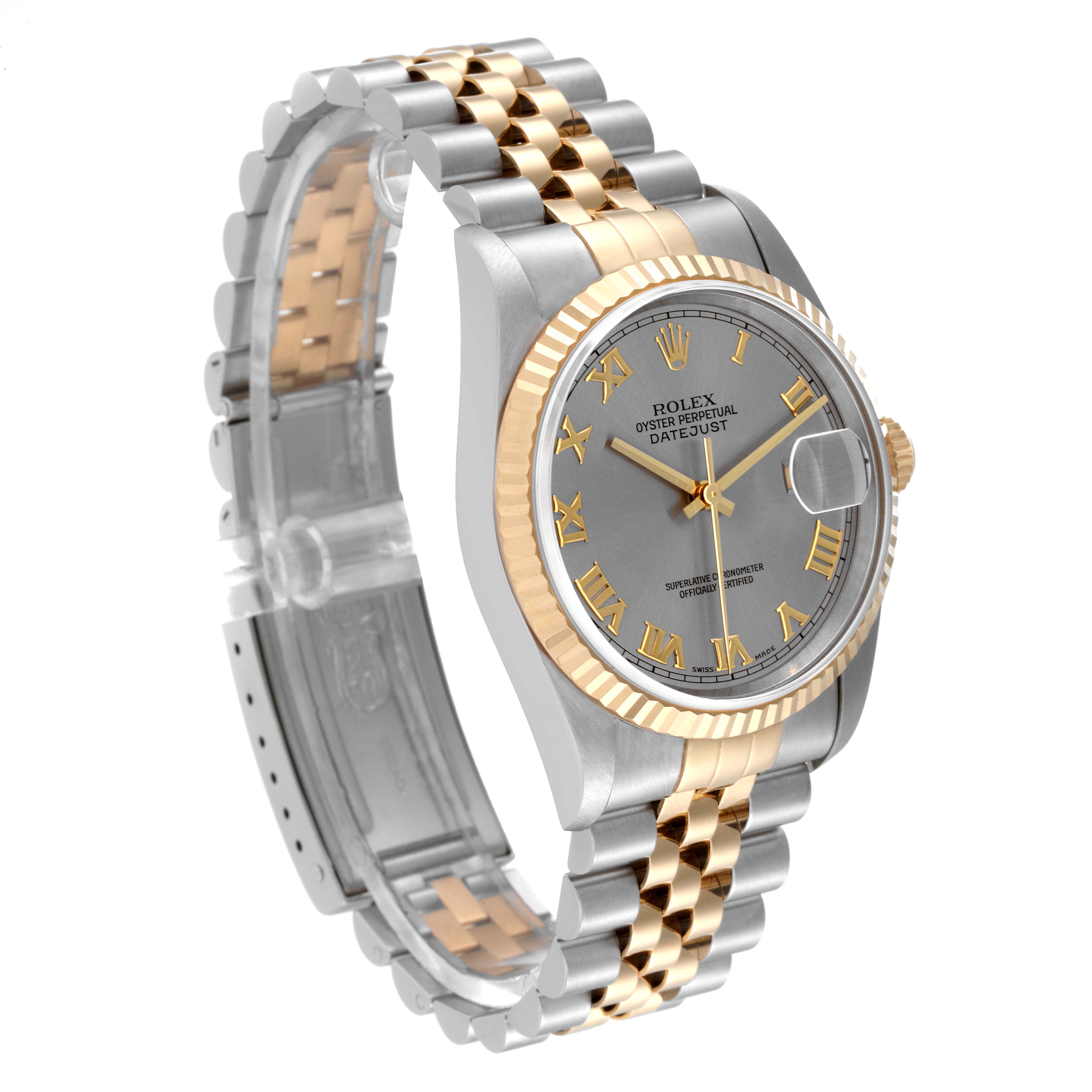 This image shows a Rolex Datejust 16233 Men
s Steel and Gold (two tone) Grey Dial 16233 Men
s Steel and Gold (two tone) Grey Dial watch at a quarter angle, highlighting its two-tone bracelet, bezel, and face.