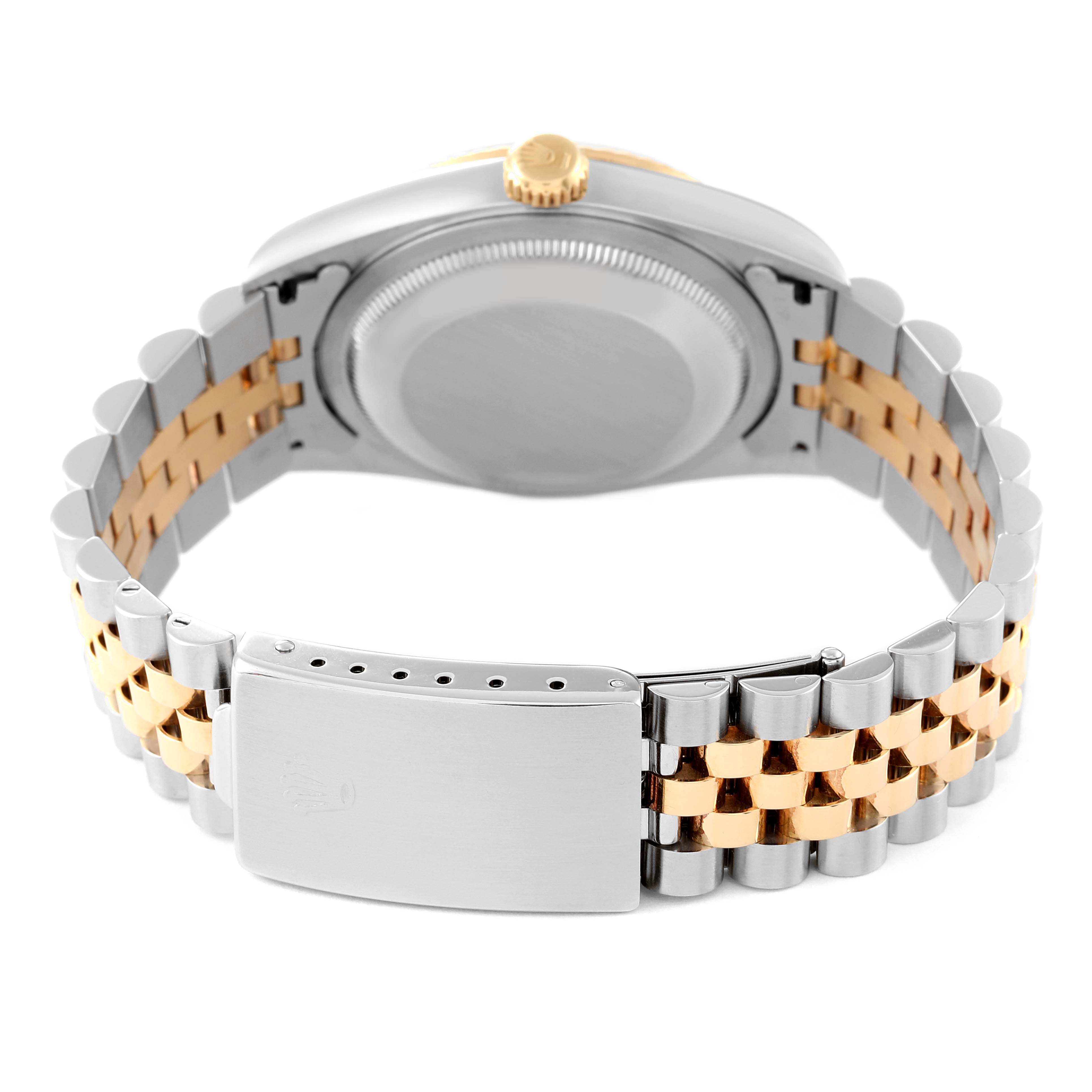 This image shows the back view of a Rolex Datejust 16233 Men's Steel and Gold (two tone) White Dial 16233 Men's Steel and Gold (two tone) White Dial watch, highlighting its caseback, crown, and two-tone Jubilee bracelet.