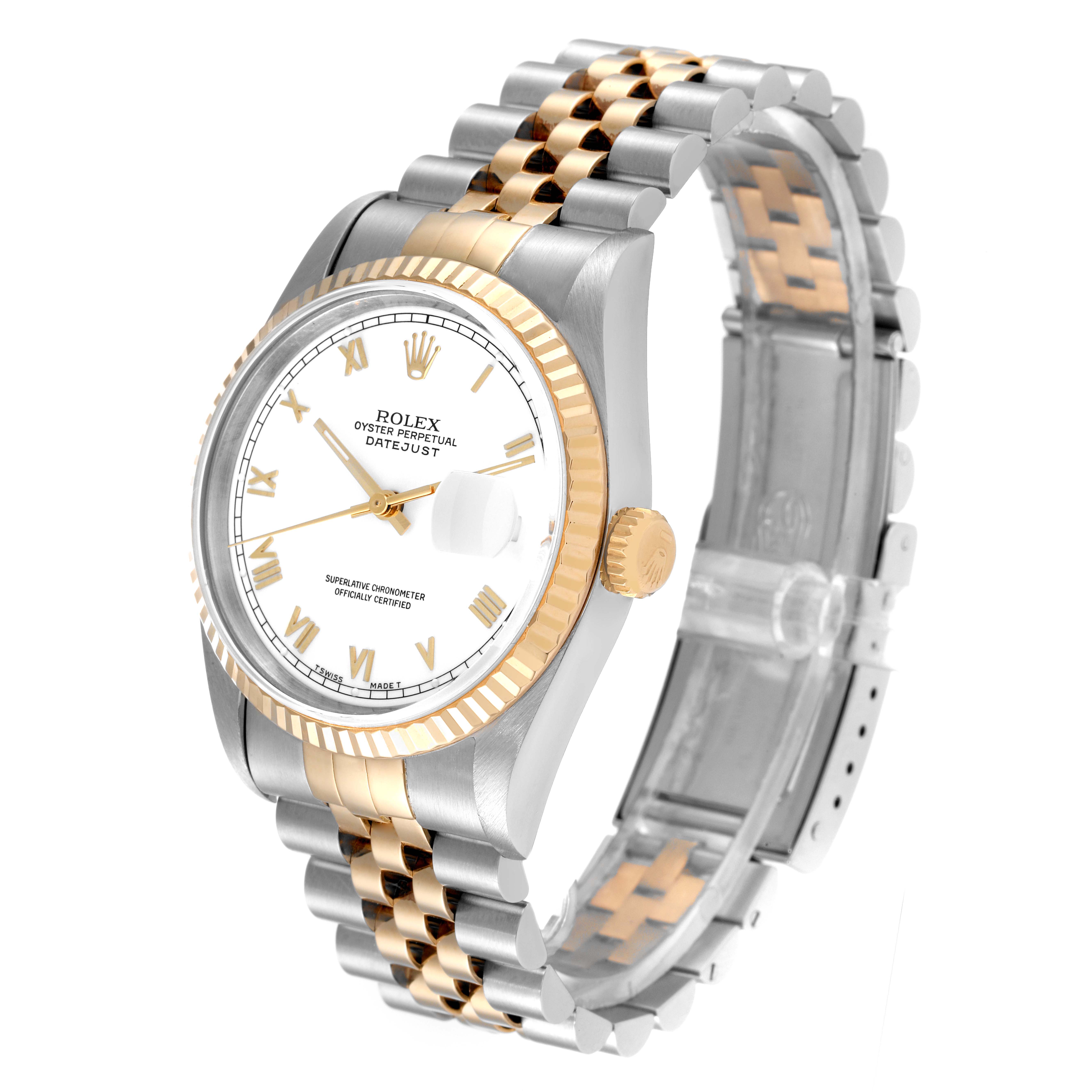 The image shows a Rolex Datejust 16233 Men's Steel and Gold (two tone) White Dial 16233 Men's Steel and Gold (two tone) White Dial watch angled to display the dial, bezel, crown, and two-tone bracelet.
