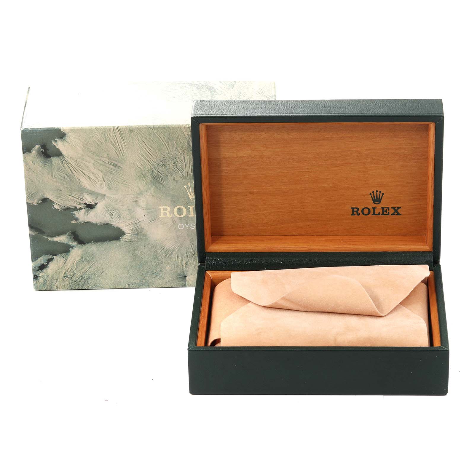 The image shows a Rolex Datejust 16233 Men's Steel and Gold (two tone) White Dial 16233 Men's Steel and Gold (two tone) White Dial watch box and packaging, with the box lid open revealing a cushion inside.