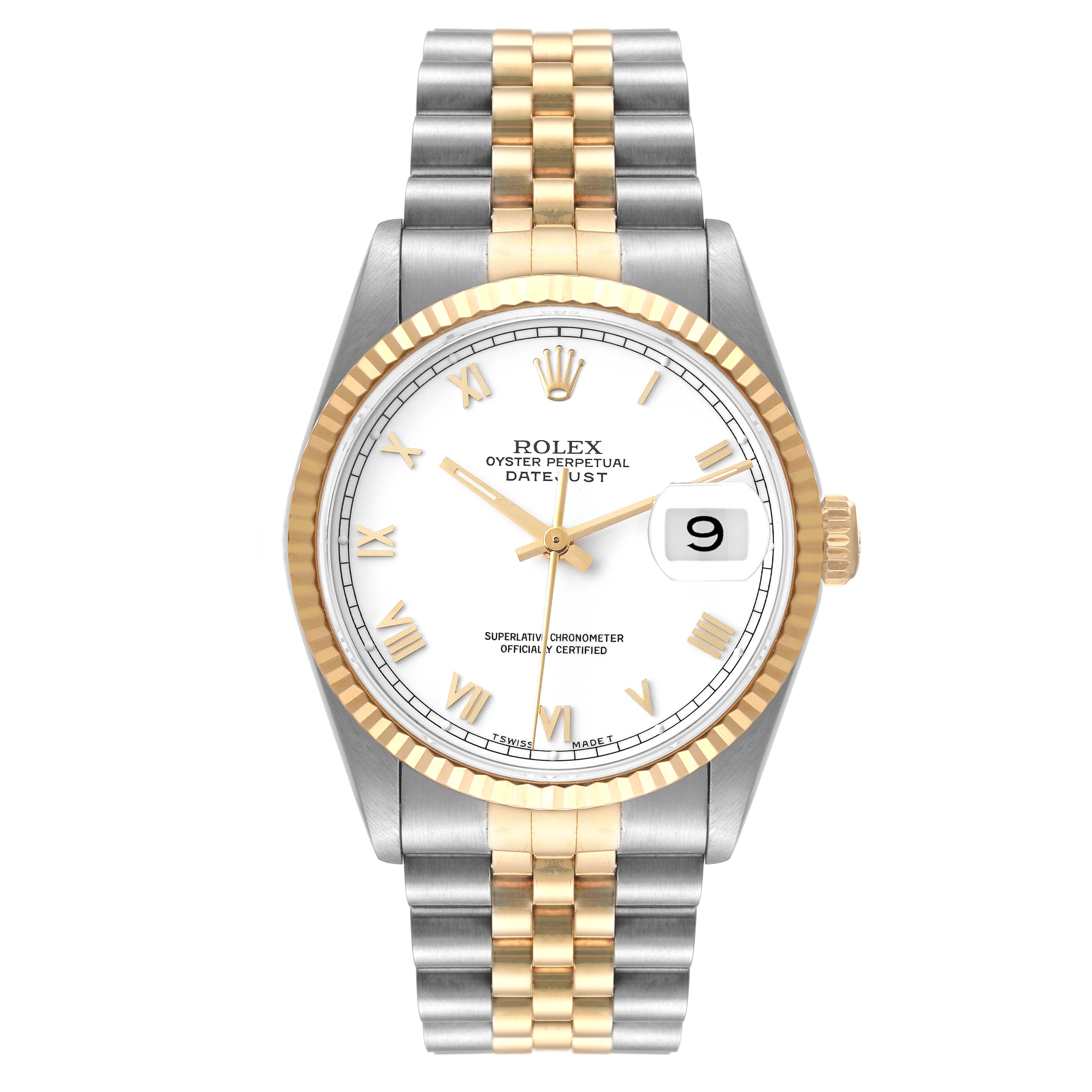 The Rolex Datejust 16233 Men's Steel and Gold (two tone) White Dial 16233 Men's Steel and Gold (two tone) White Dial watch is shown from the front, displaying its face, bezel, dial, and two-tone bracelet.