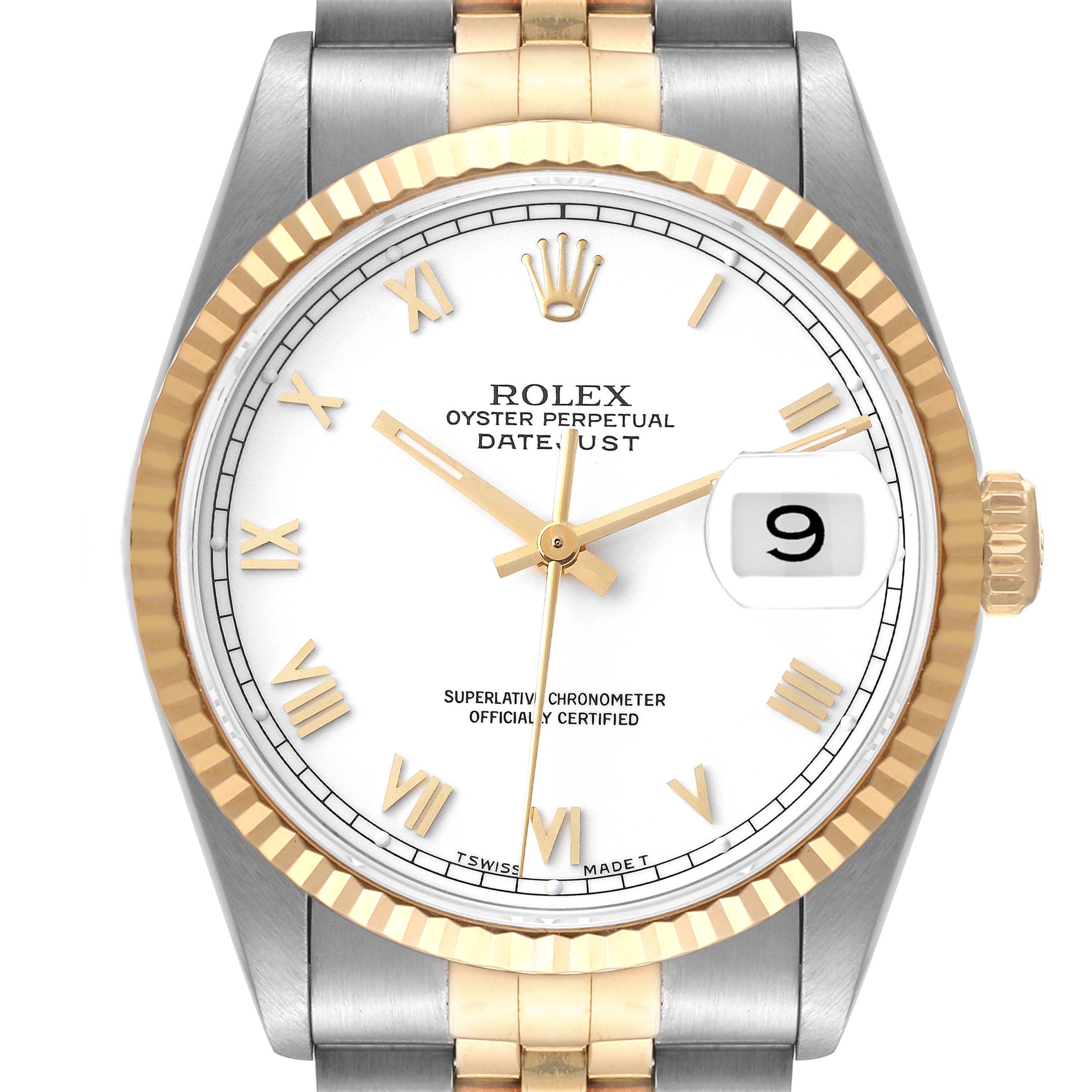 This image shows a front view of the Rolex Datejust 16233 Men's Steel and Gold (two tone) White Dial 16233 Men's Steel and Gold (two tone) White Dial watch, highlighting the dial, bezel, and part of the bracelet.