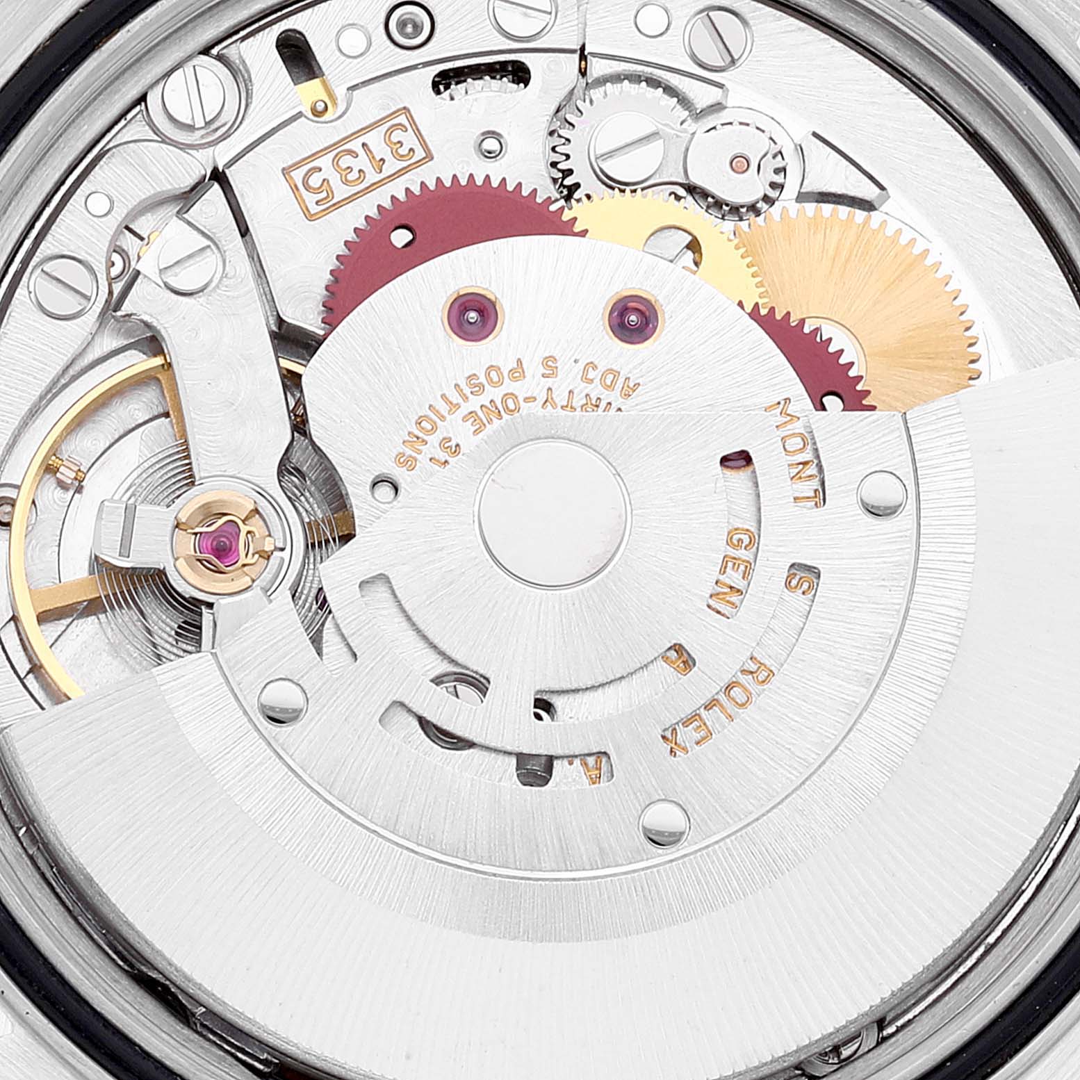 This image shows the intricate movement mechanism of the Rolex Datejust 16233 Men's Steel and Gold (two tone) White Dial 16233 Men's Steel and Gold (two tone) White Dial watch, highlighting its gears and components.
