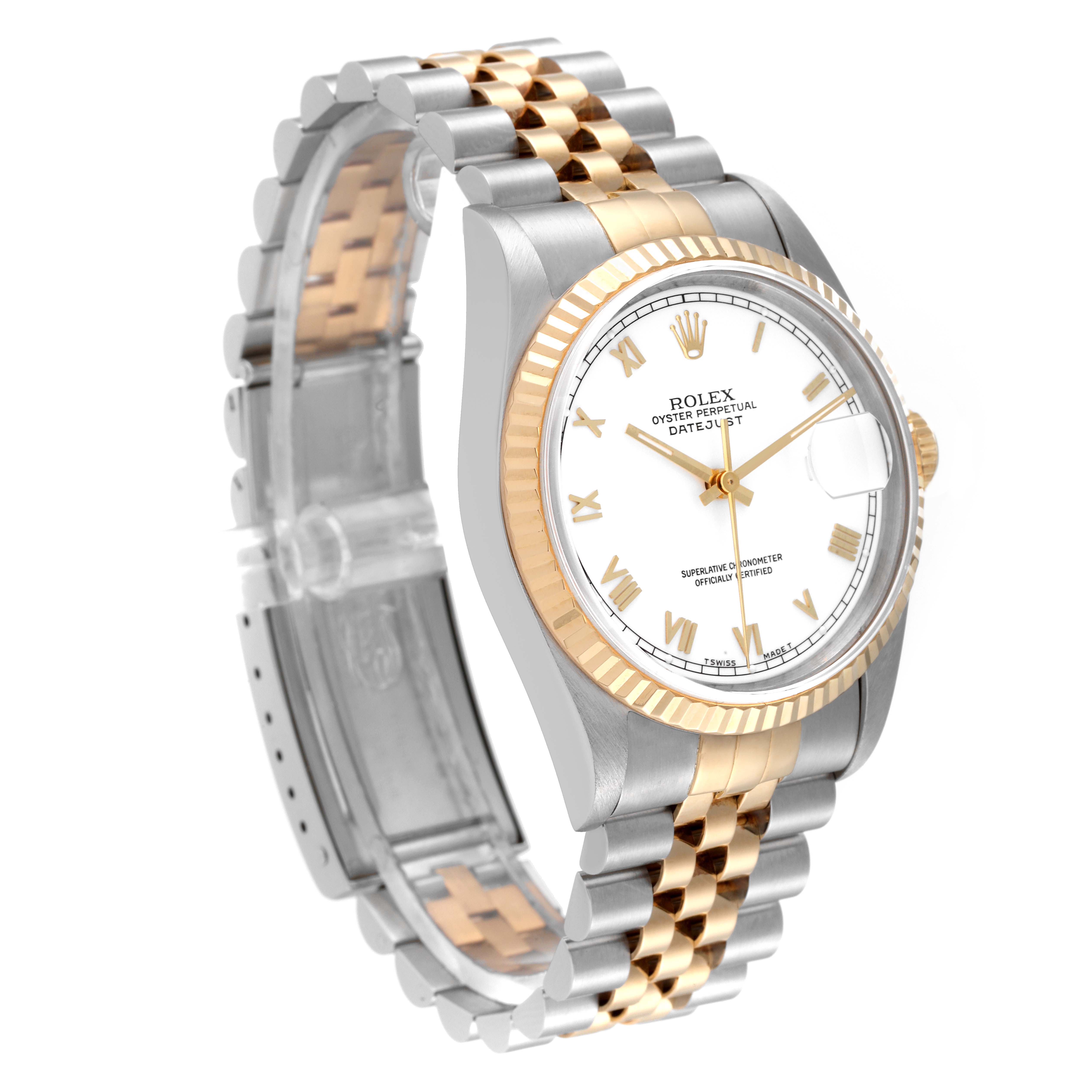 The Rolex Datejust 16233 Men's Steel and Gold (two tone) White Dial 16233 Men's Steel and Gold (two tone) White Dial watch is shown in a three-quarter view, highlighting its two-tone bracelet, fluted bezel, and white dial with Roman numerals.