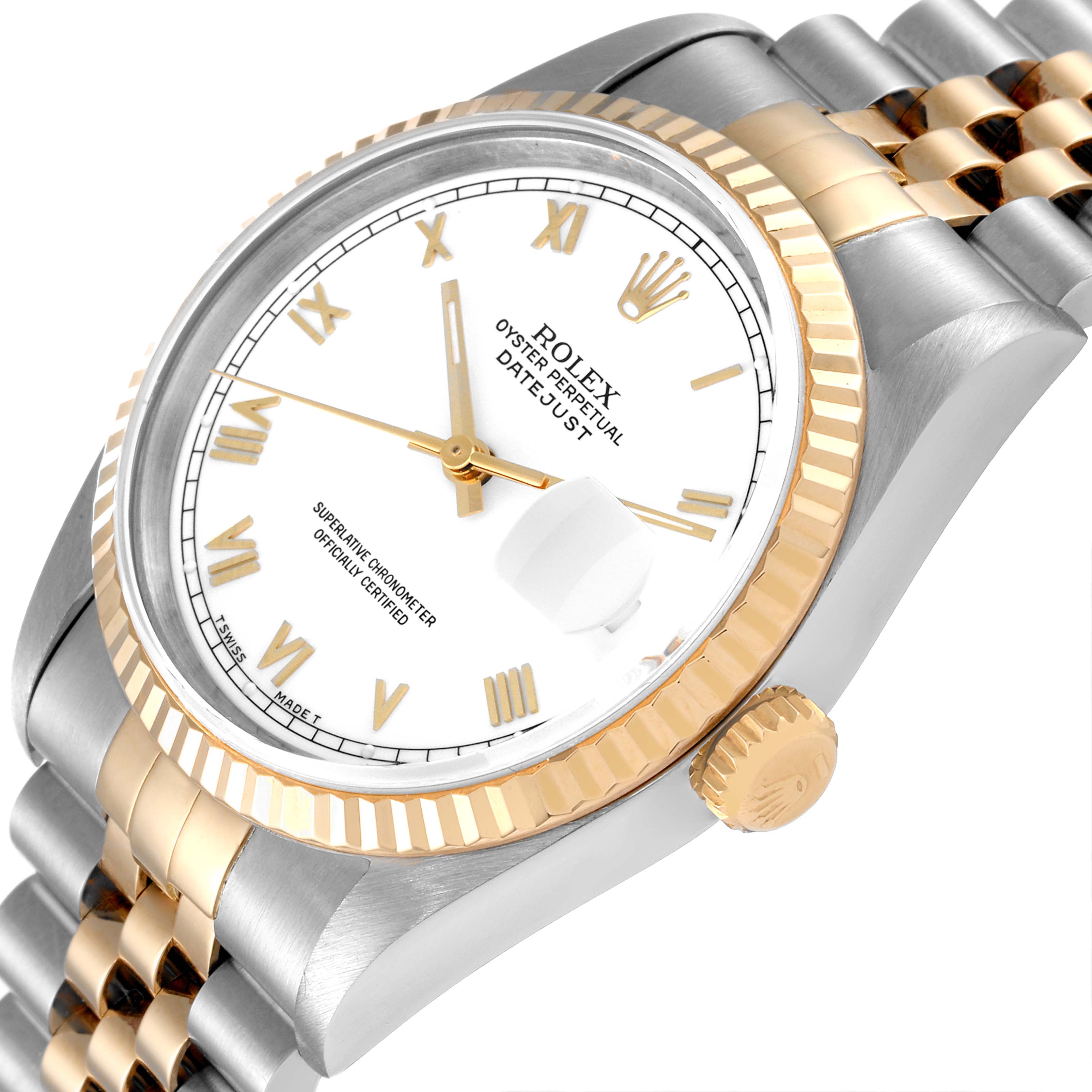 The image shows a side angle of the Rolex Datejust 16233 Men's Steel and Gold (two tone) White Dial 16233 Men's Steel and Gold (two tone) White Dial model, highlighting the dial, bezel, crown, and part of the bracelet.