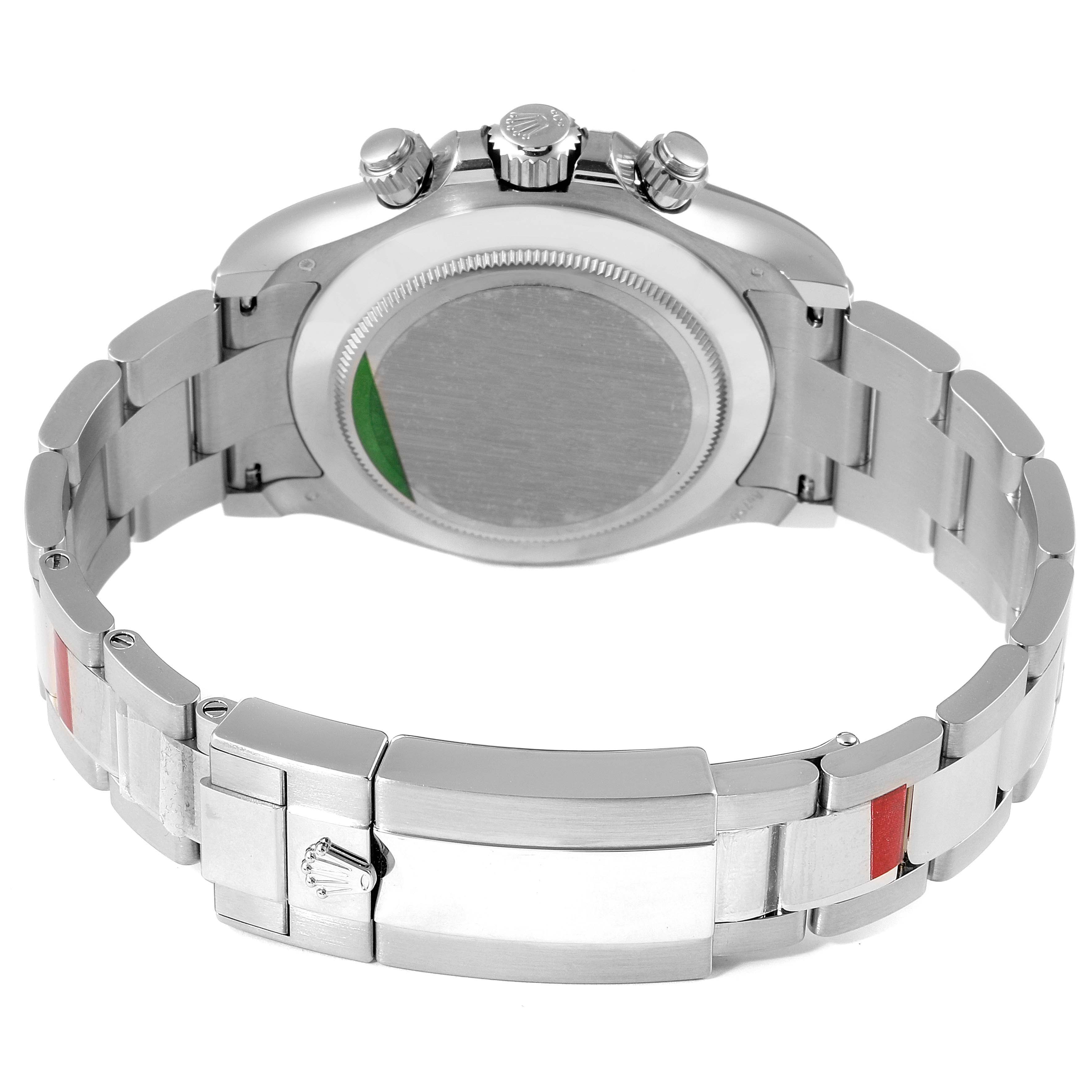 This image shows the back view of a Rolex Daytona 116509 Men's White Gold Silver Dial 116509 Men's White Gold Silver Dial watch, highlighting the case back and metal bracelet with the clasp.