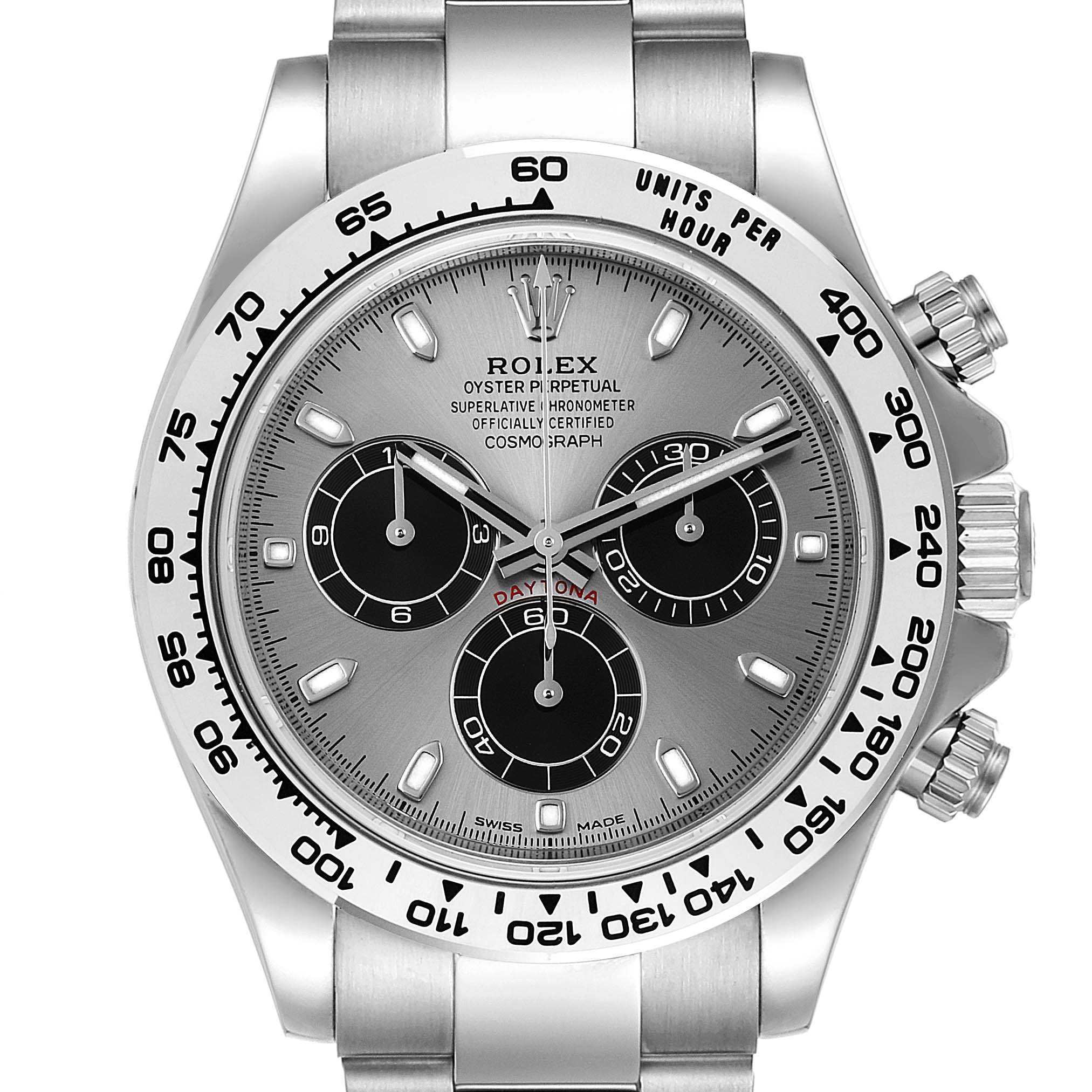 The image shows a front view of a Rolex Daytona 116509 Men's White Gold Silver Dial 116509 Men's White Gold Silver Dial watch, highlighting its dial, subdials, bezel, and crown.