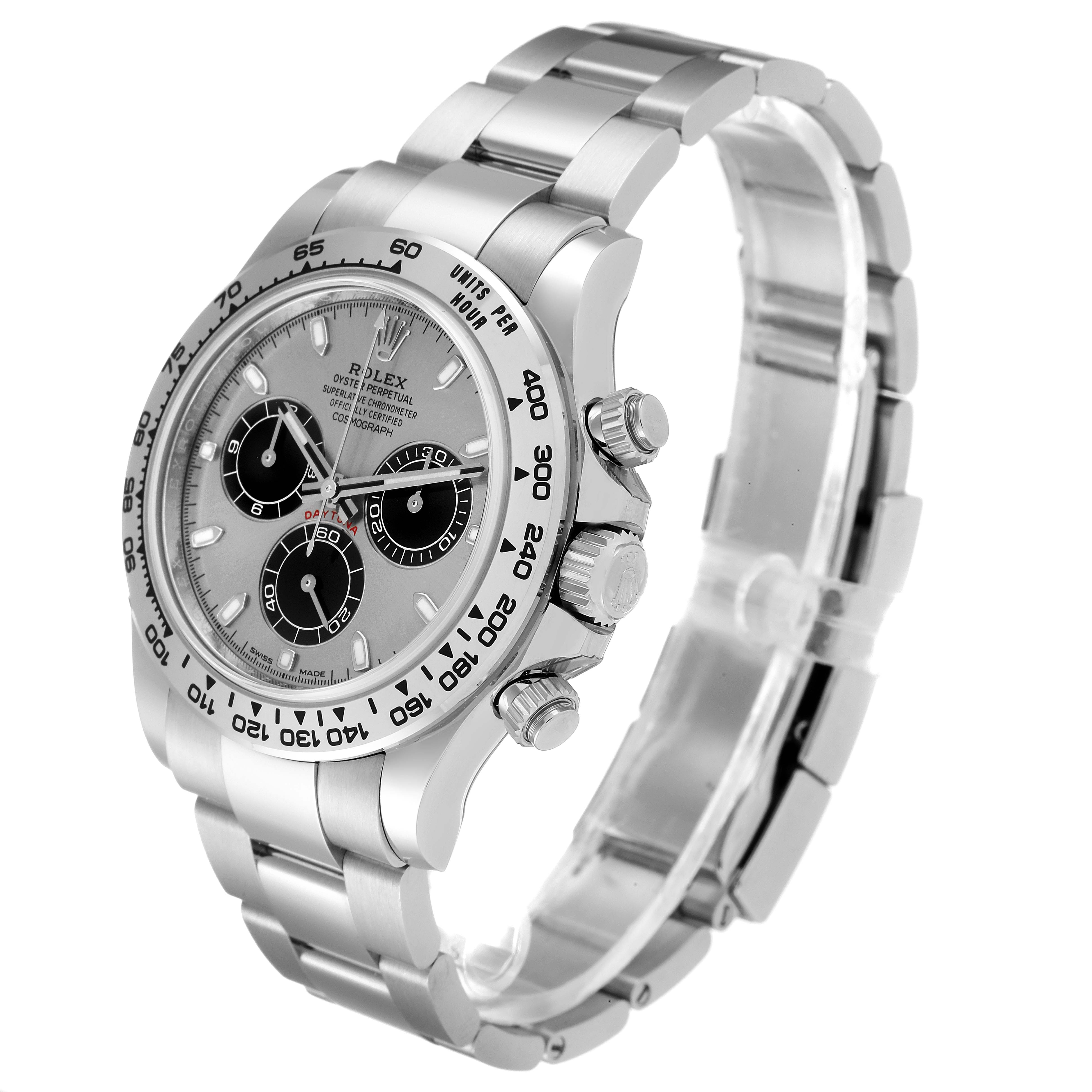 The image shows a Rolex Daytona 116509 Men's White Gold Silver Dial 116509 Men's White Gold Silver Dial watch at a three-quarter angle, highlighting the face, bezel, crown, and bracelet.