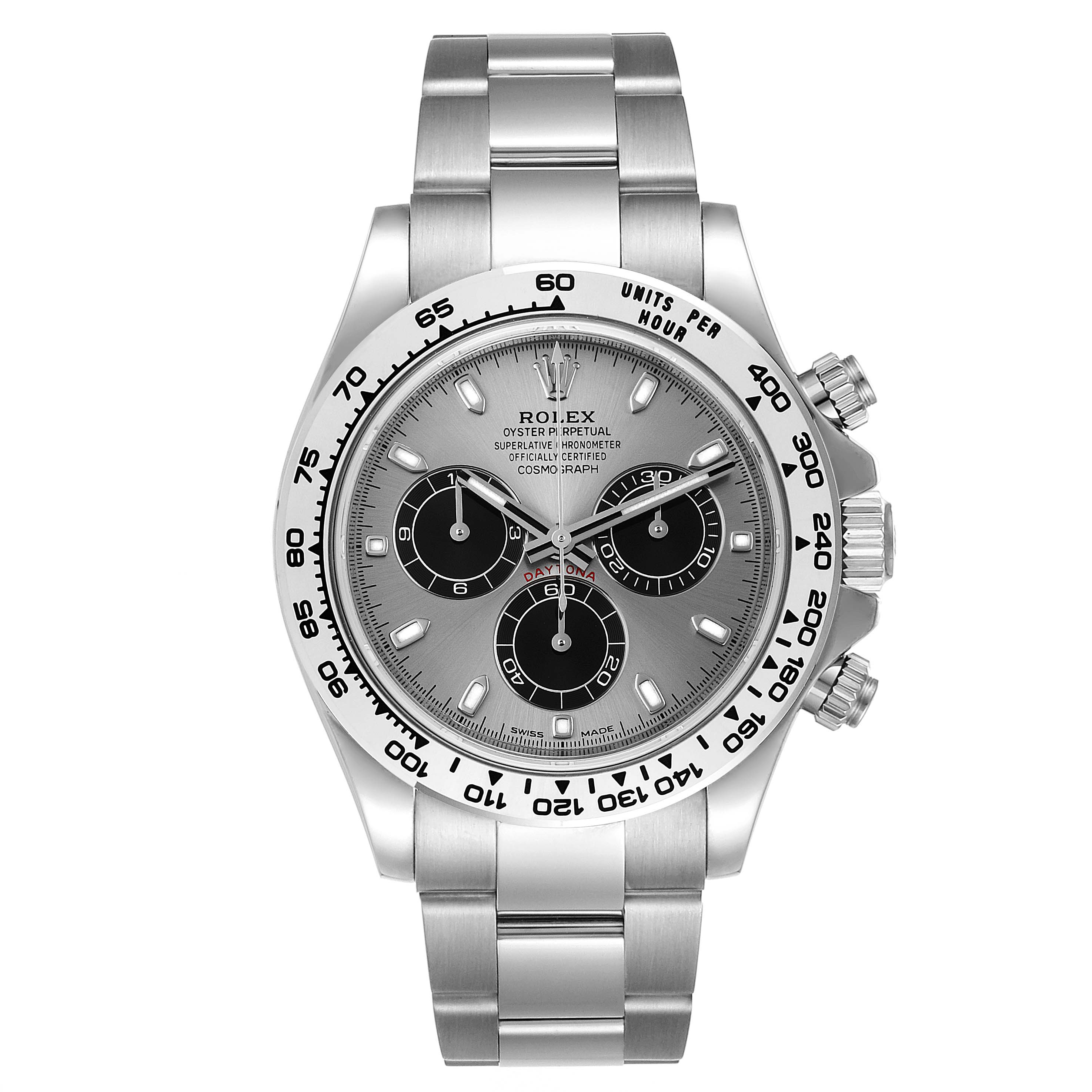 The image shows a frontal view of a Rolex Daytona 116509 Men's White Gold Silver Dial 116509 Men's White Gold Silver Dial watch, highlighting its face, bezel, and stainless steel bracelet.
