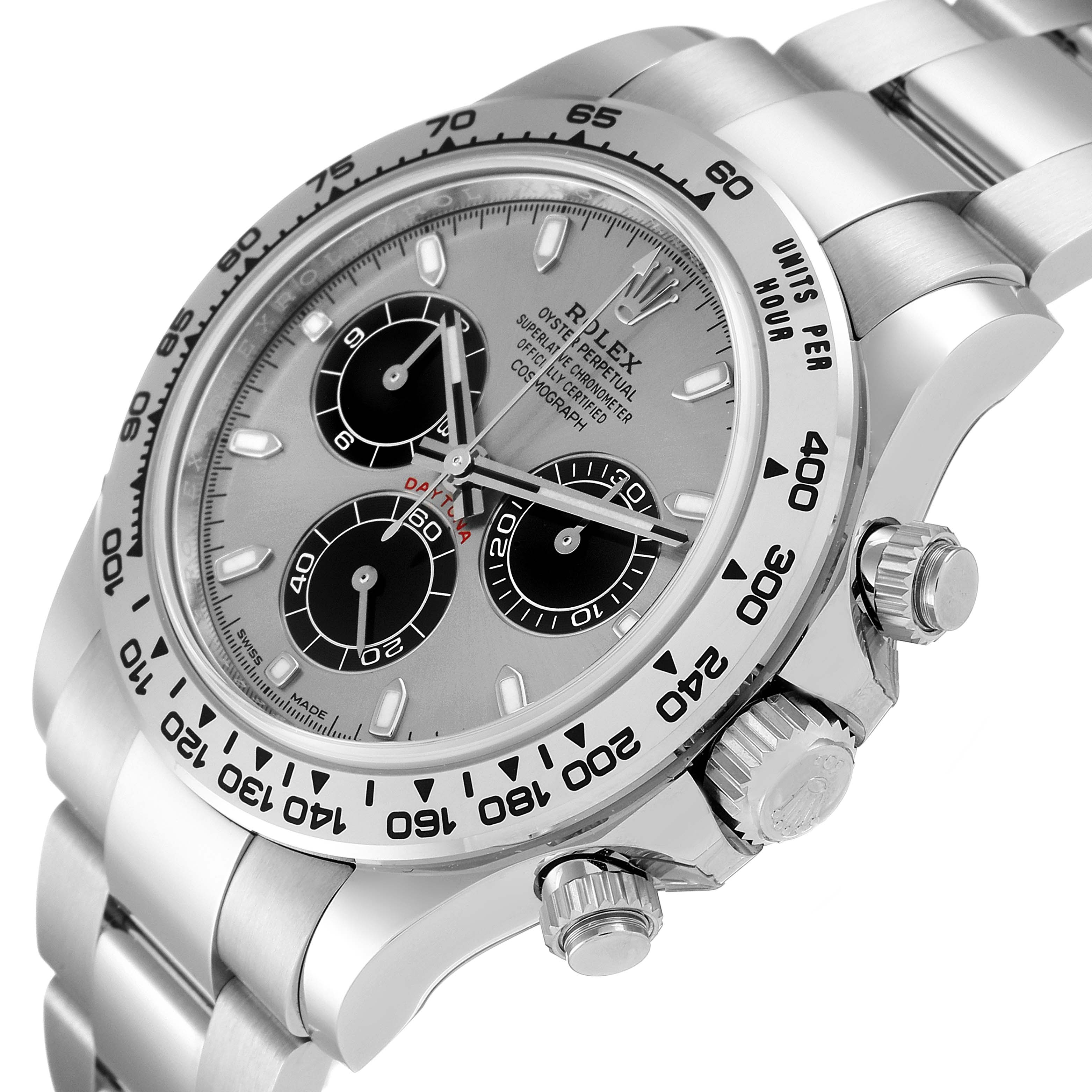 The image shows a Rolex Daytona 116509 Men's White Gold Silver Dial 116509 Men's White Gold Silver Dial watch from an angled side view, highlighting its dial, bezel, pushers, and bracelet.