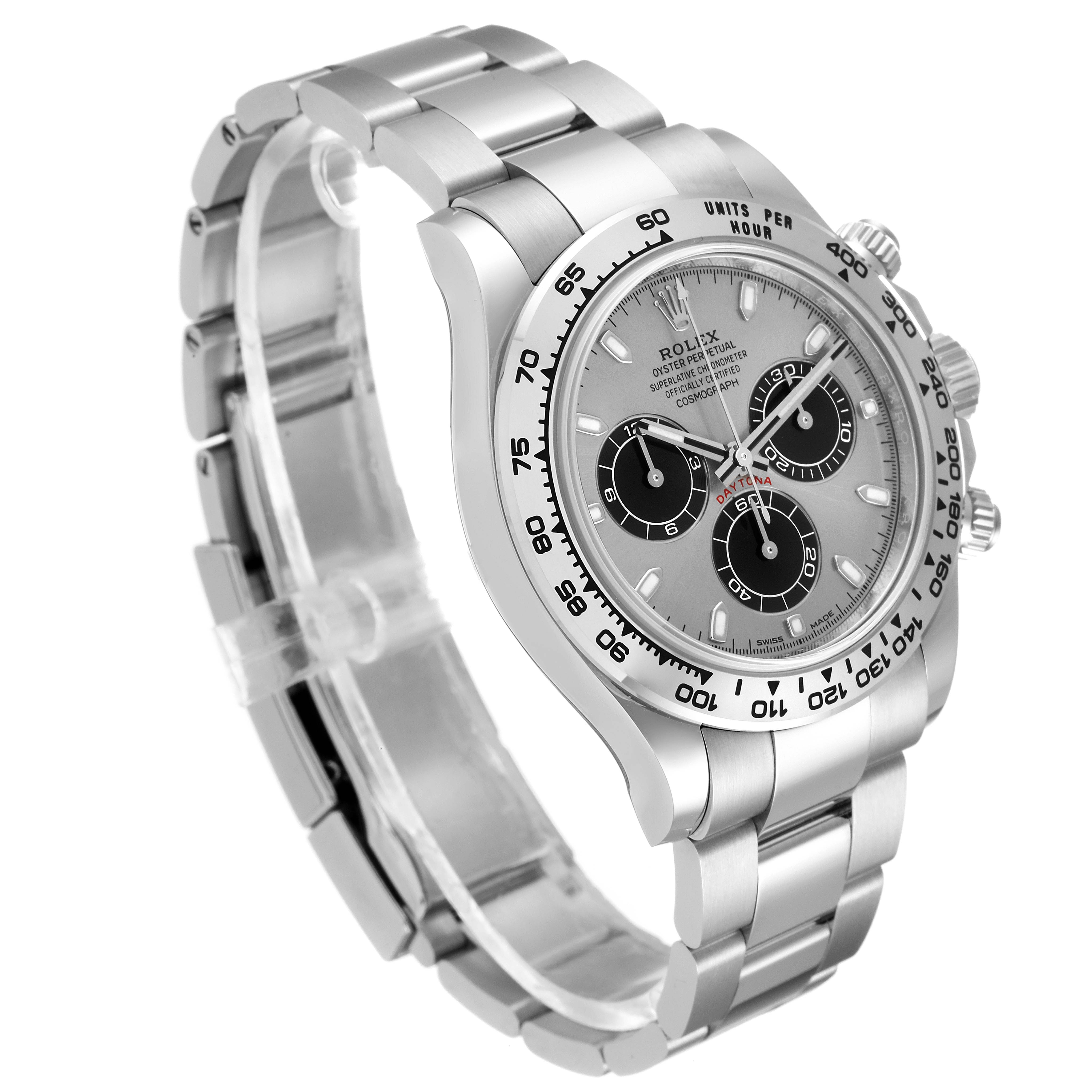This image shows a Rolex Daytona 116509 Men's White Gold Silver Dial 116509 Men's White Gold Silver Dial watch at a three-quarter angle, displaying the face, bezel, and stainless steel bracelet.