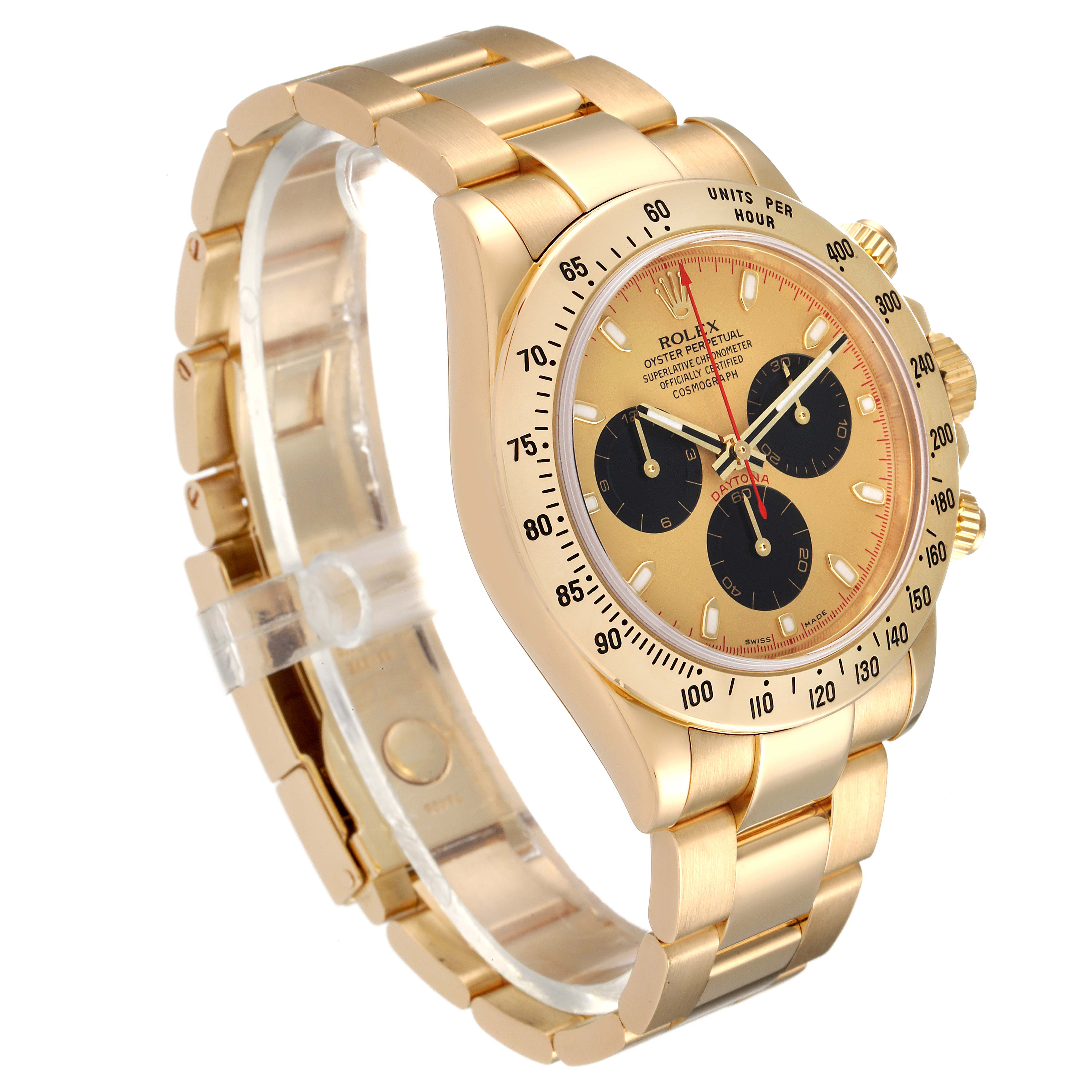 This image shows a side angle of a gold Rolex Daytona 116528 Men's Yellow Gold Champagne Dial 116528 Men's Yellow Gold Champagne Dial watch, highlighting its bracelet, bezel, dial, and pushers.