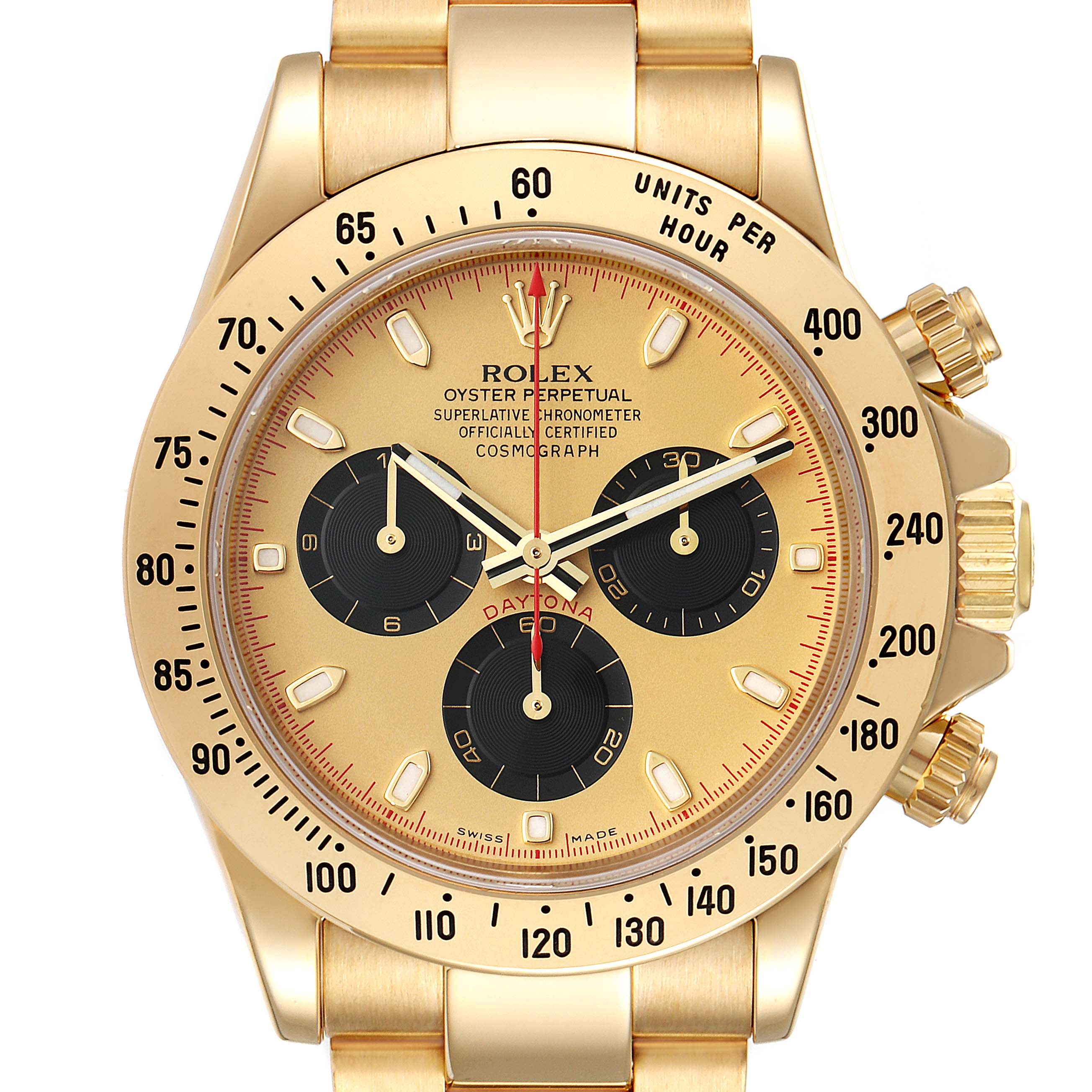 The image shows a front view of the Rolex Daytona 116528 Men's Yellow Gold Champagne Dial 116528 Men's Yellow Gold Champagne Dial watch, highlighting its gold casing, dial, and chronograph subdials.