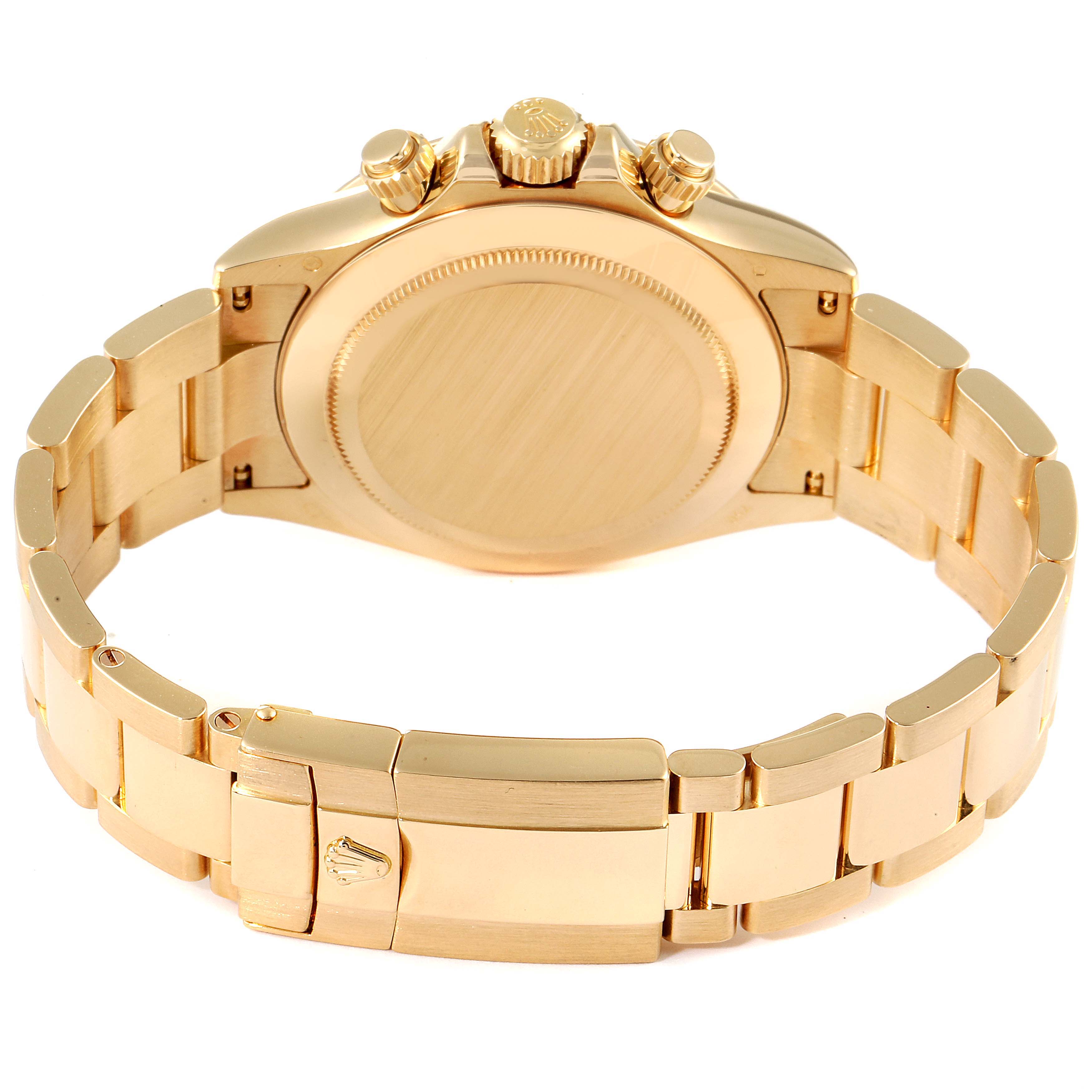 The image shows the back case, bracelet, and clasp of the Rolex Daytona 116528 Men's Yellow Gold Champagne Dial 116528 Men's Yellow Gold Champagne Dial watch from a rear angle.