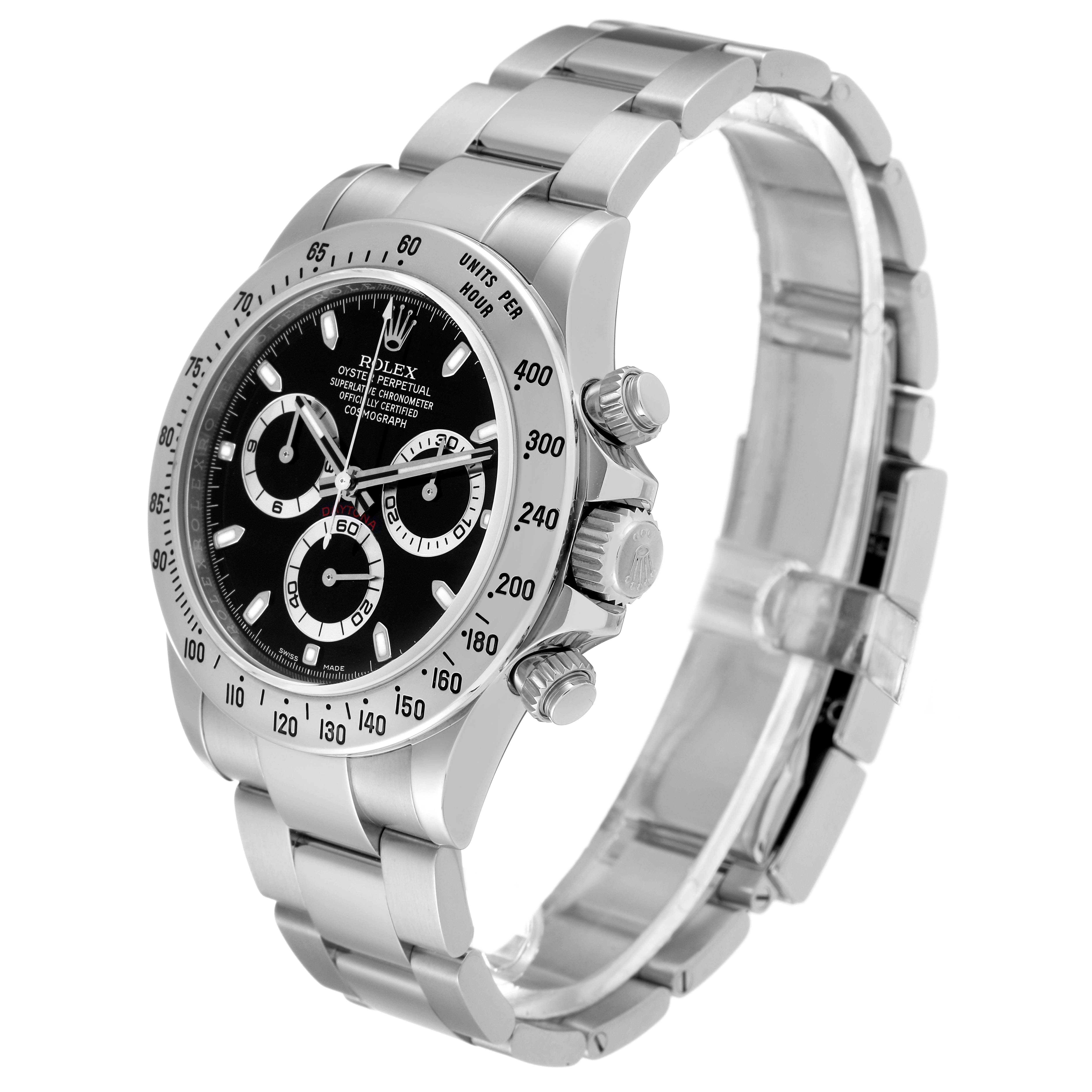 This image shows a side view of a Rolex Daytona 116520 Men's Stainless Steel Black Dial 116520 Men's Stainless Steel Black Dial watch, displaying its black dial, chronograph subdials, and stainless steel bracelet.
