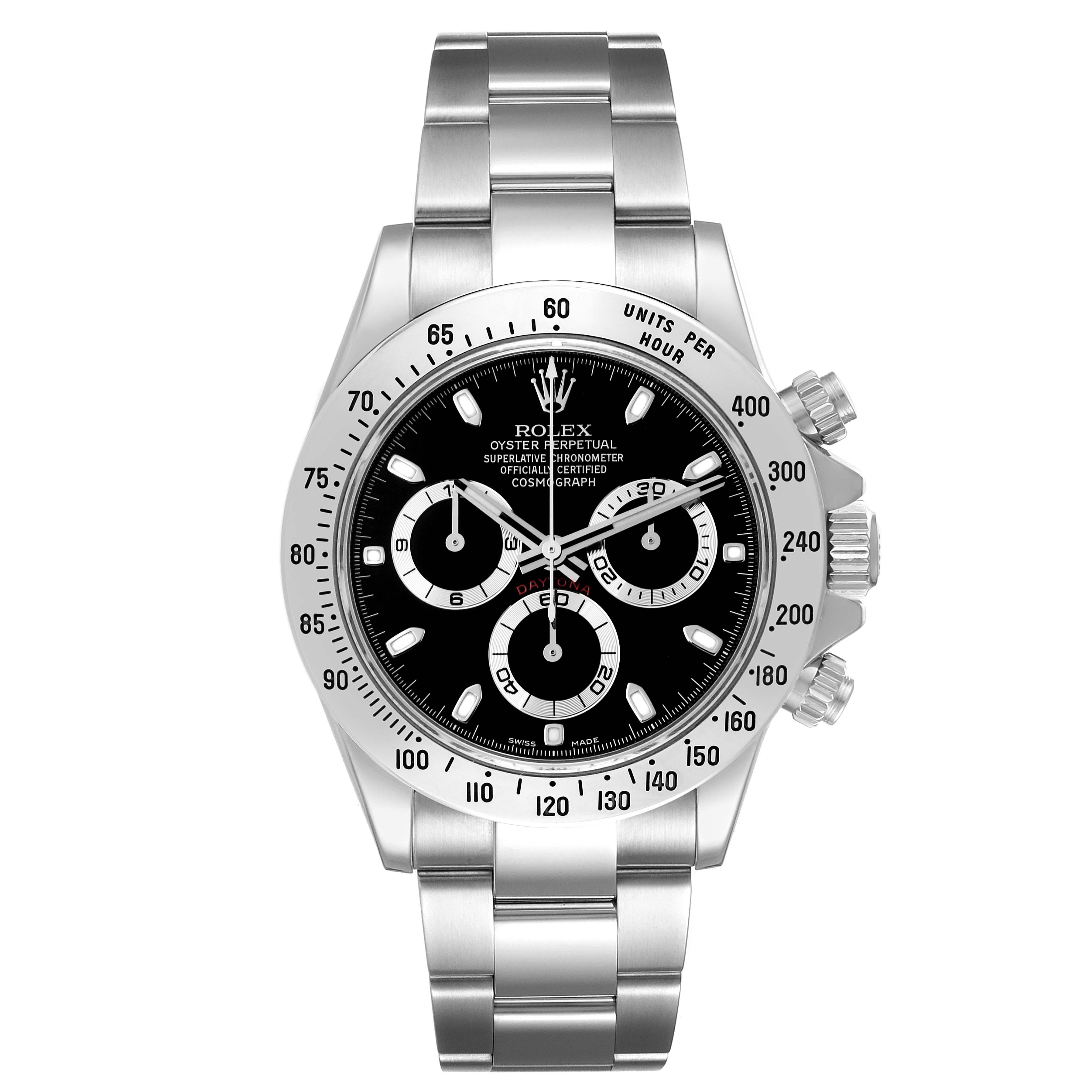 The image shows a full frontal view of a Rolex Daytona 116520 Men's Stainless Steel Black Dial 116520 Men's Stainless Steel Black Dial watch, displaying the dial, bezel, and bracelet.
