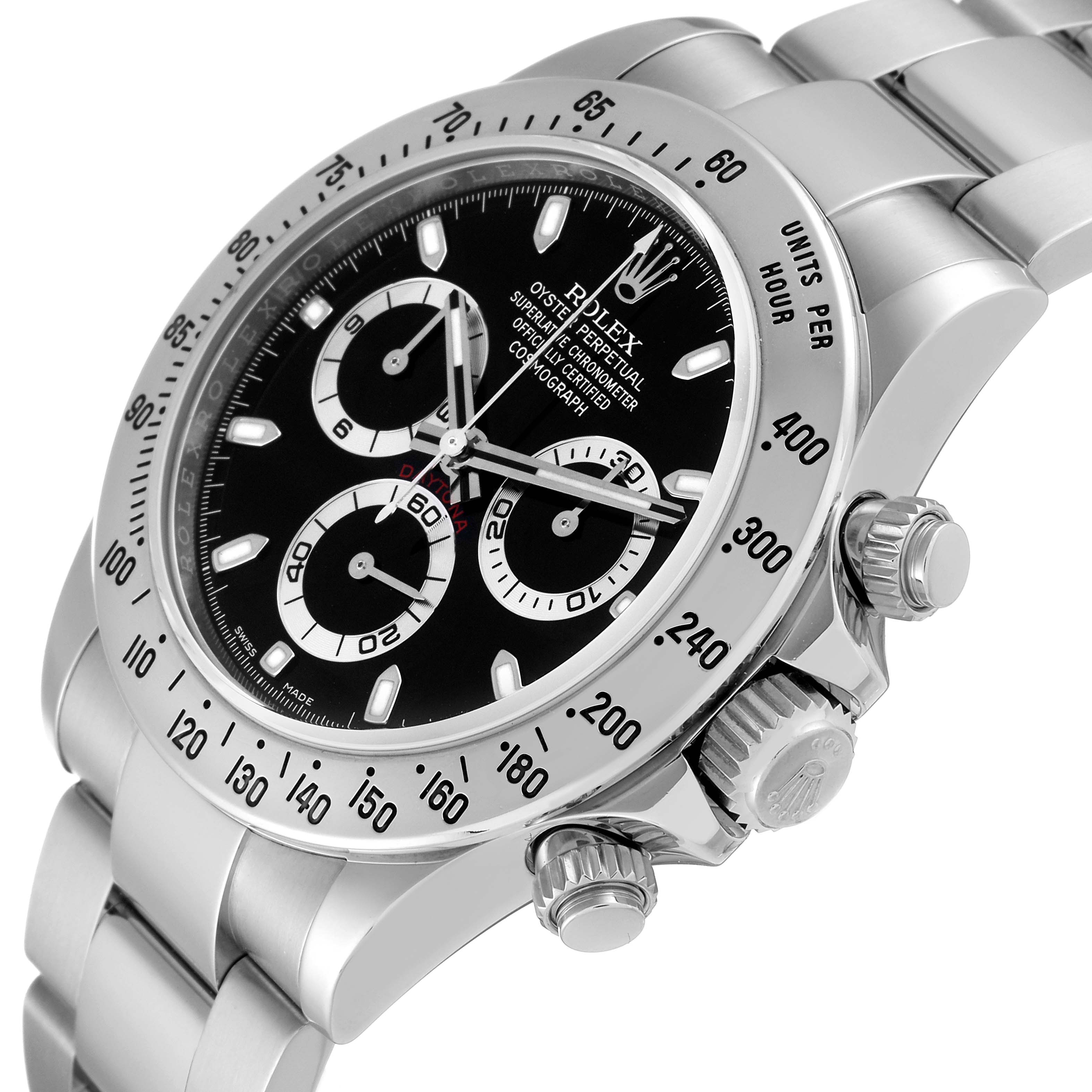 The image shows a close-up of the Rolex Daytona 116520 Men's Stainless Steel Black Dial 116520 Men's Stainless Steel Black Dial watch face, chronograph dials, crown, and a portion of the stainless steel bracelet.