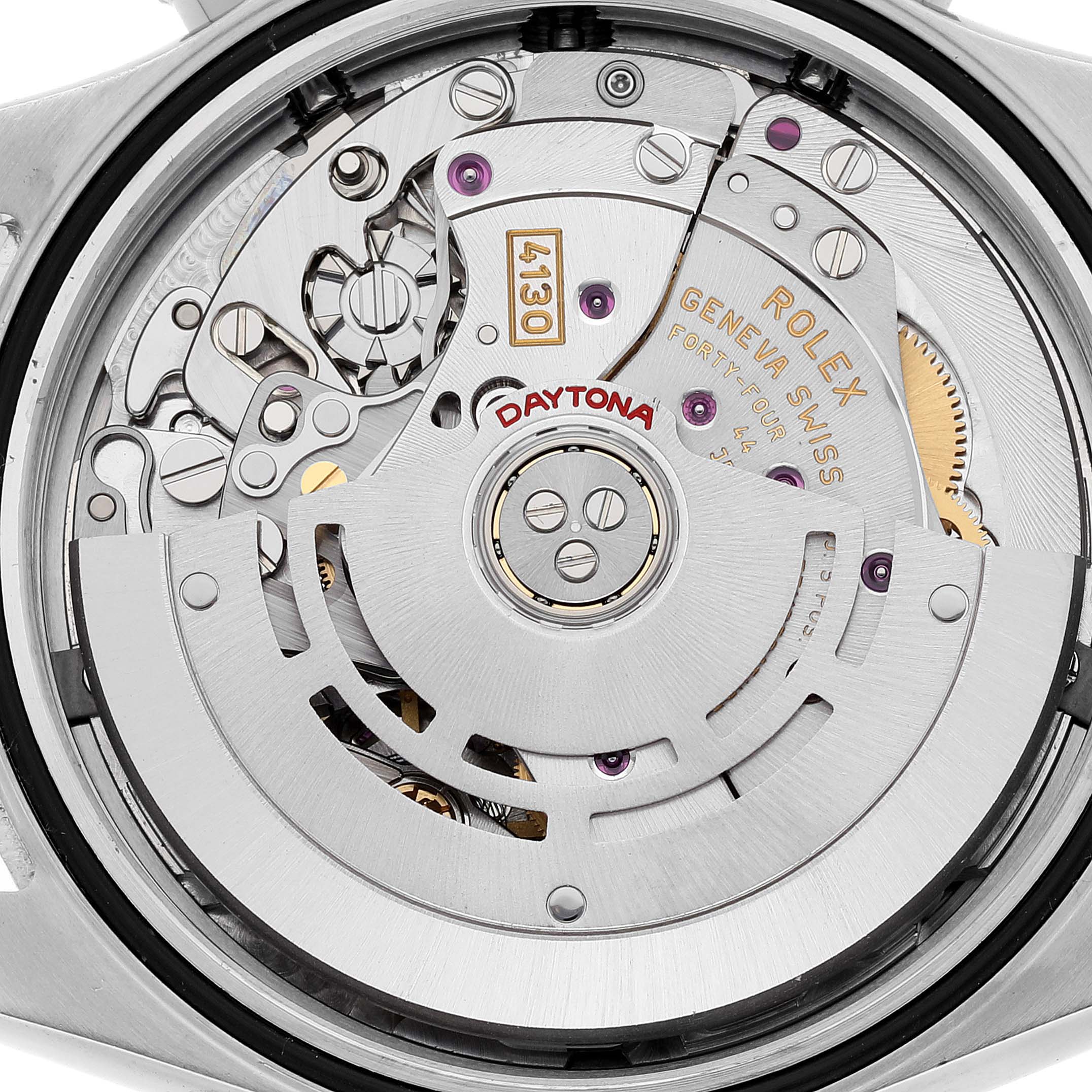 The image shows the back view of a Rolex Daytona 116520 Men's Stainless Steel Black Dial 116520 Men's Stainless Steel Black Dial watch, highlighting the movement and inner mechanics of the timepiece.