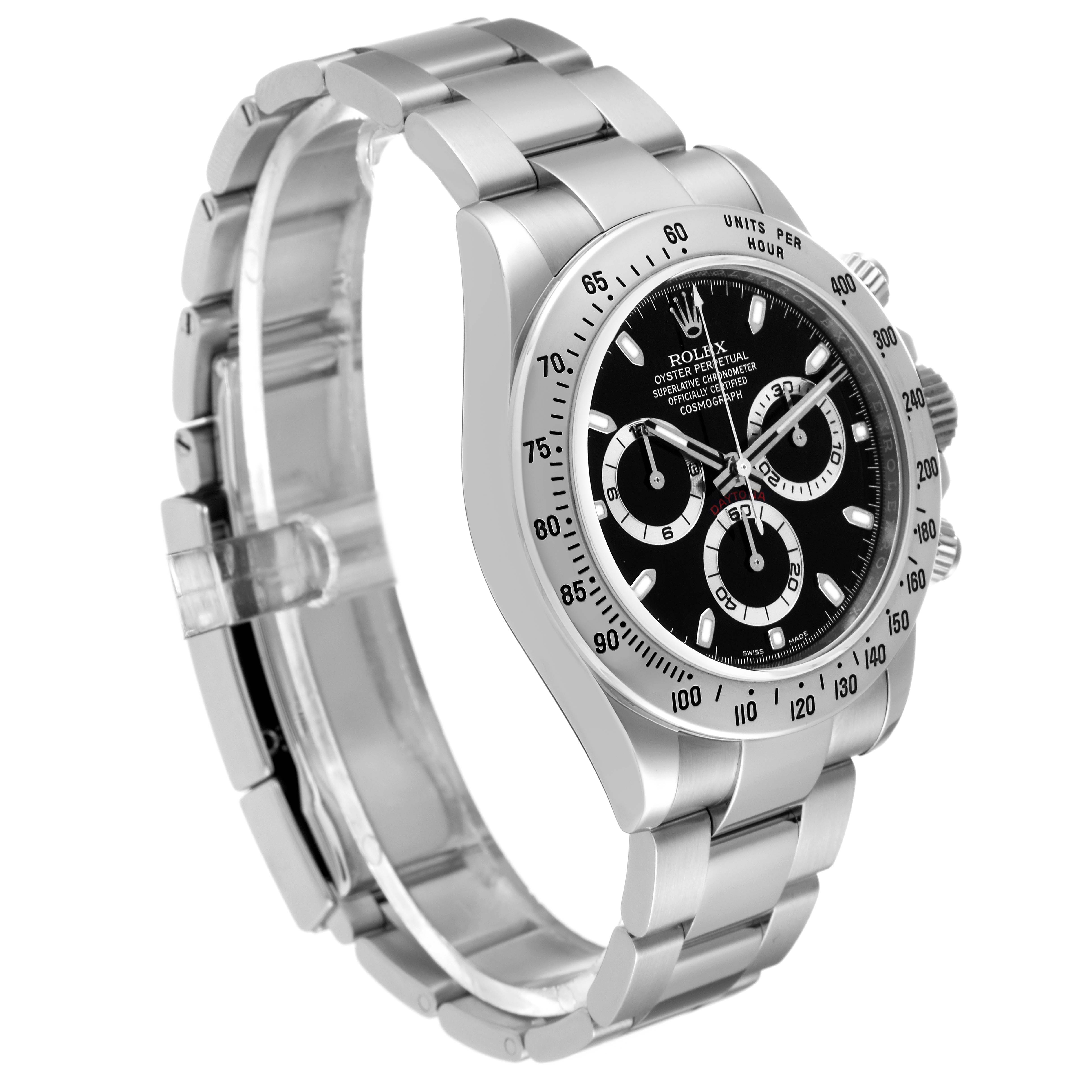 The Rolex Daytona 116520 Men's Stainless Steel Black Dial 116520 Men's Stainless Steel Black Dial watch is shown at a three-quarter angle, displaying the face, bezel, and stainless steel bracelet.