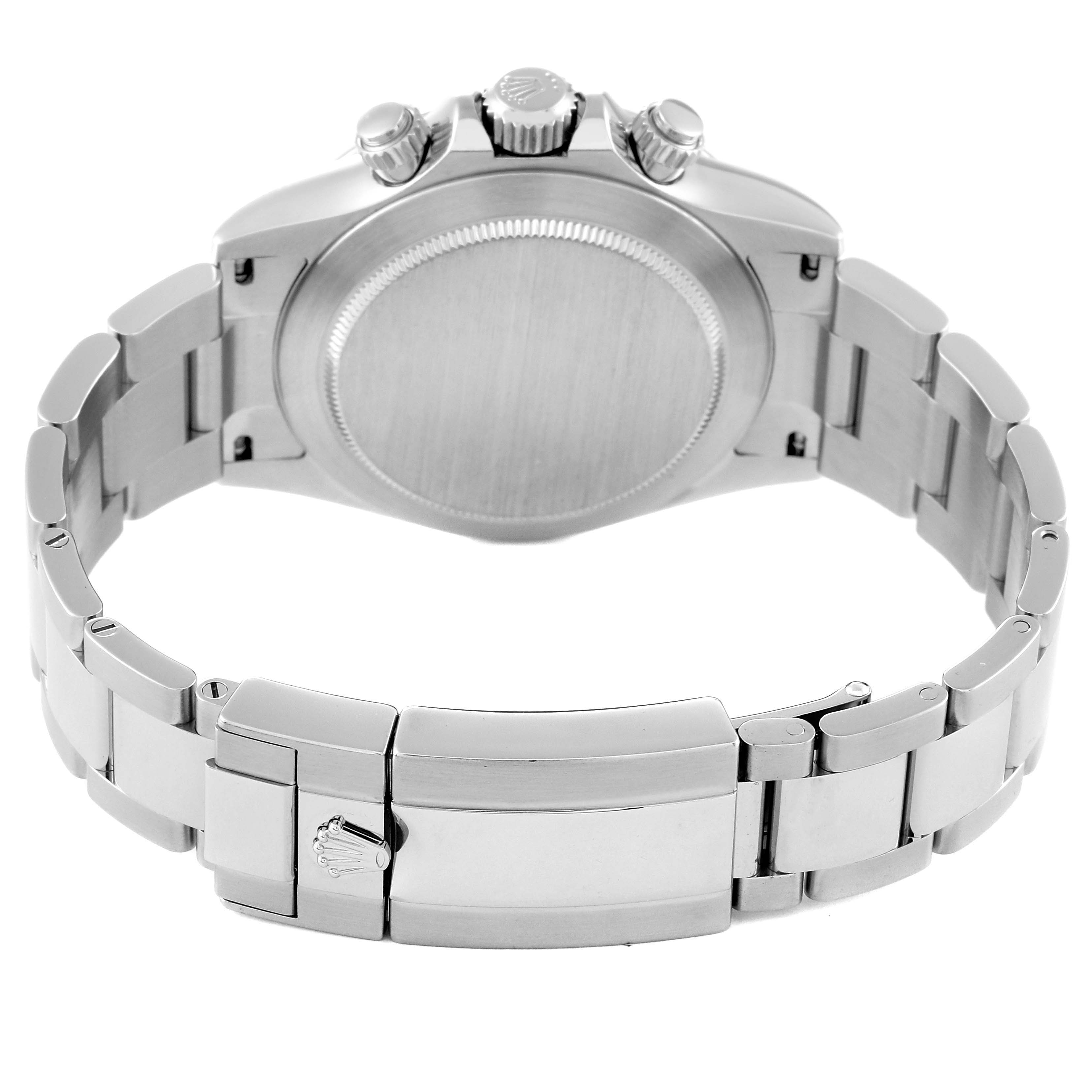 This image shows the back case and bracelet of a Rolex Daytona 116520 Men's Stainless Steel Black Dial 116520 Men's Stainless Steel Black Dial watch, taken from a rear angle.