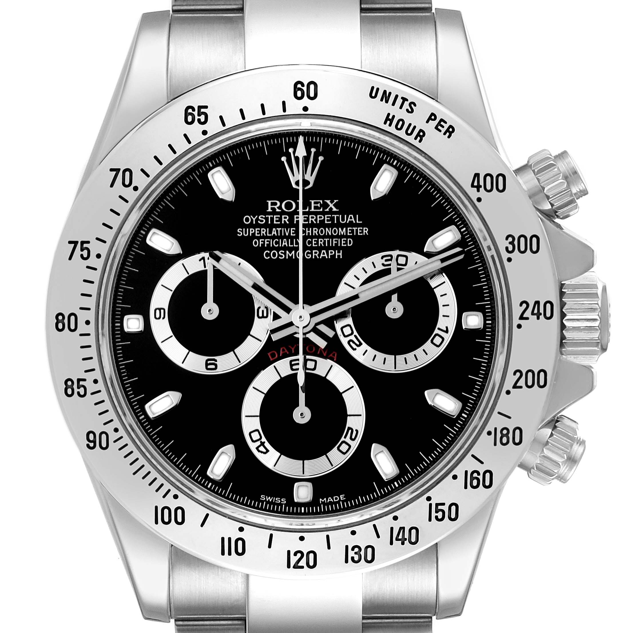 The image shows a front view of the Rolex Daytona 116520 Men's Stainless Steel Black Dial 116520 Men's Stainless Steel Black Dial watch, highlighting the dial, sub-dials, bezel, and crown.