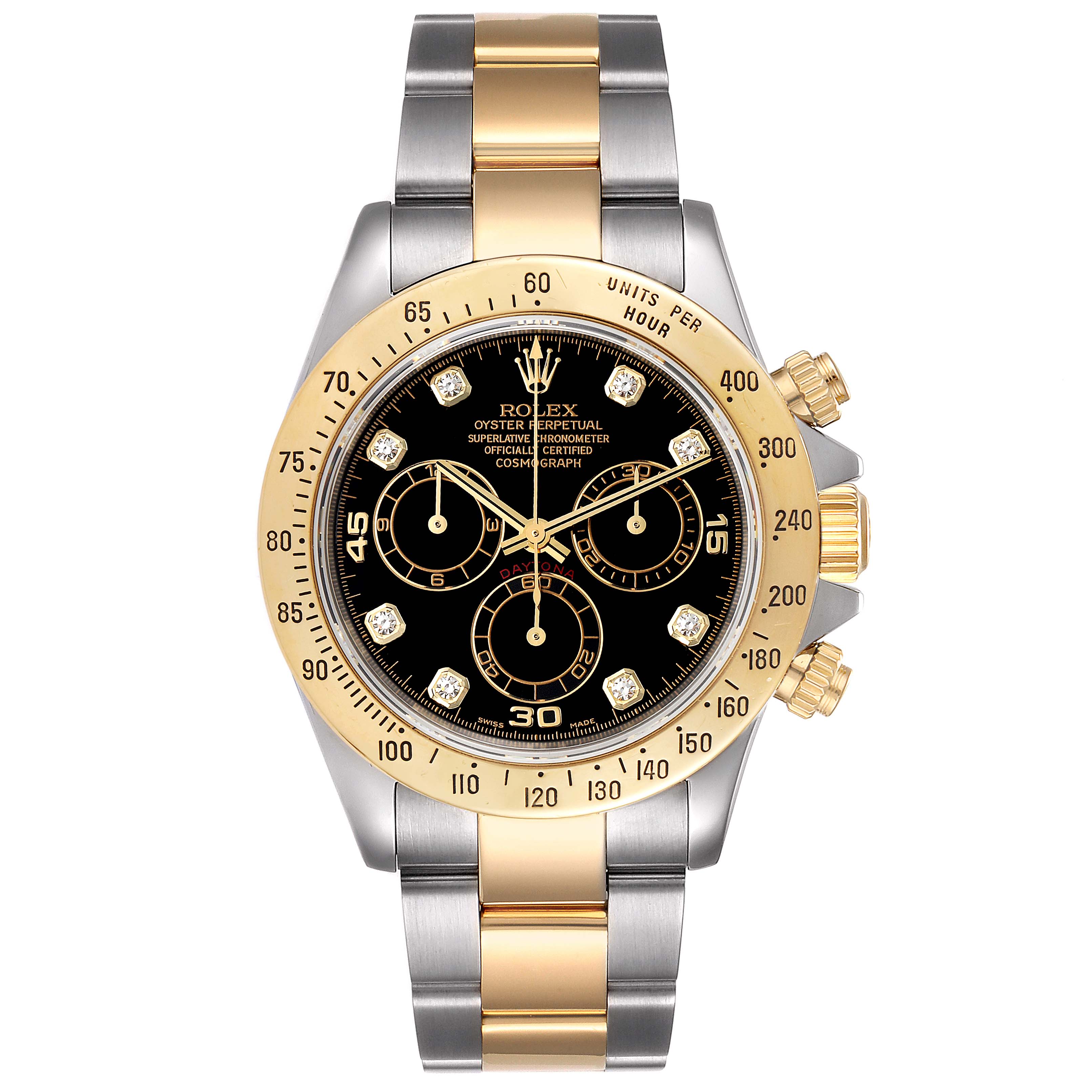 This image shows a Rolex Daytona 116523 Men
s Steel and Gold (two tone) Black Dial 116523 Men
s Steel and Gold (two tone) Black Dial watch viewed from the front, highlighting its bezel, dial, three sub-dials, and two-tone bracelet.