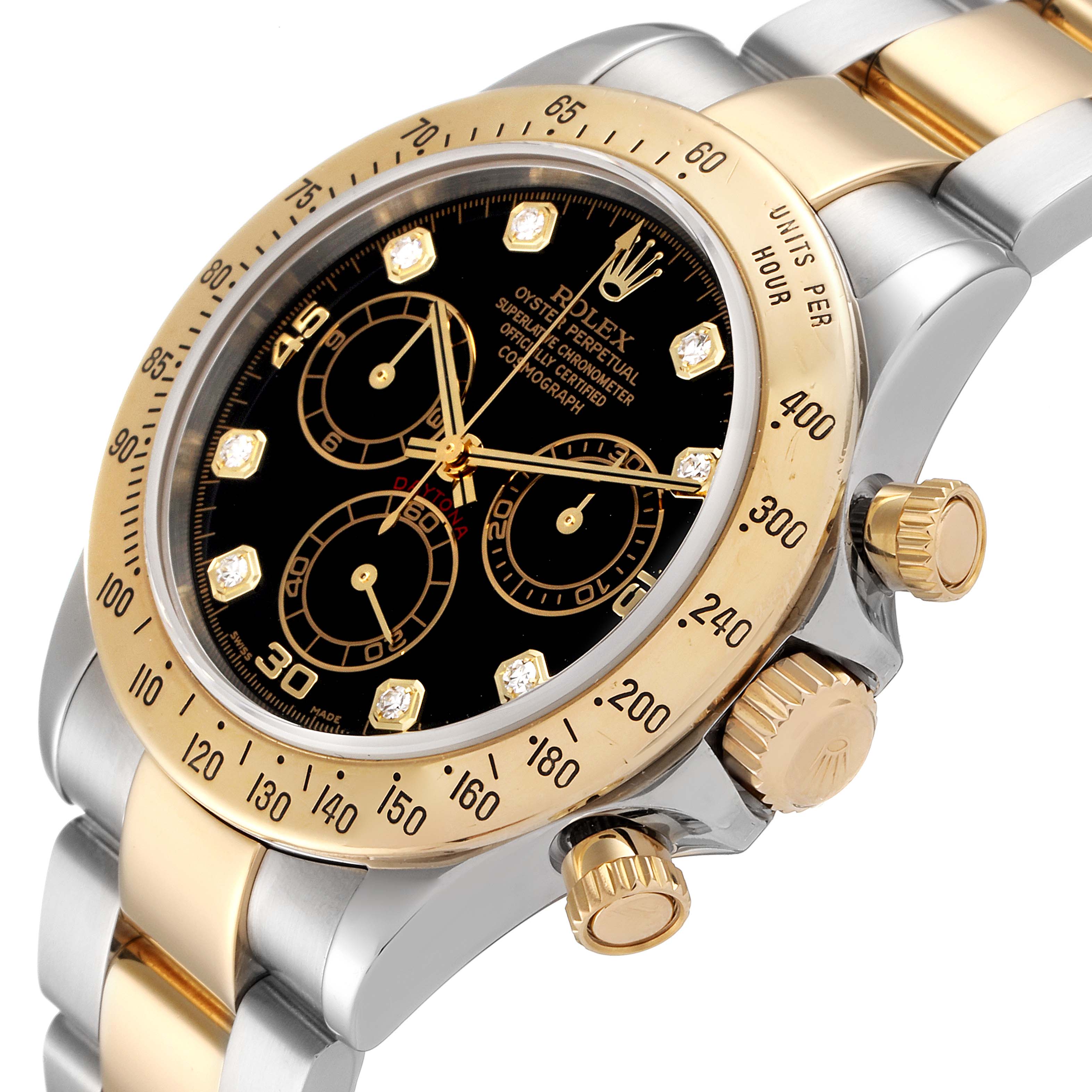 The image shows a close-up of a Rolex Daytona 116523 Men
s Steel and Gold (two tone) Black Dial 116523 Men
s Steel and Gold (two tone) Black Dial watch, highlighting its gold bezel, black dial, and side pushers.