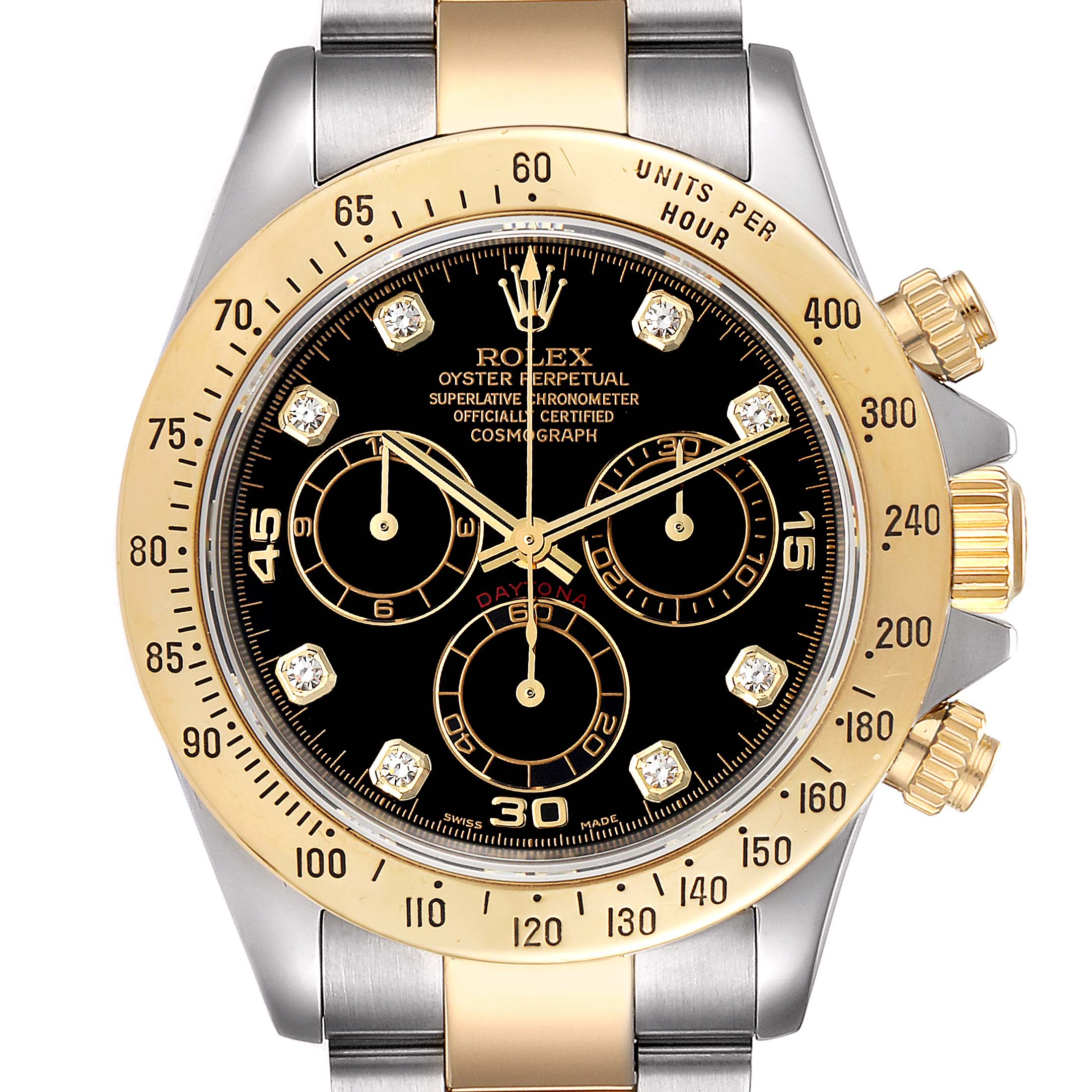 The image shows a front view of the Rolex Daytona 116523 Men
s Steel and Gold (two tone) Black Dial 116523 Men
s Steel and Gold (two tone) Black Dial watch, highlighting its bezel, dial, and pushers.