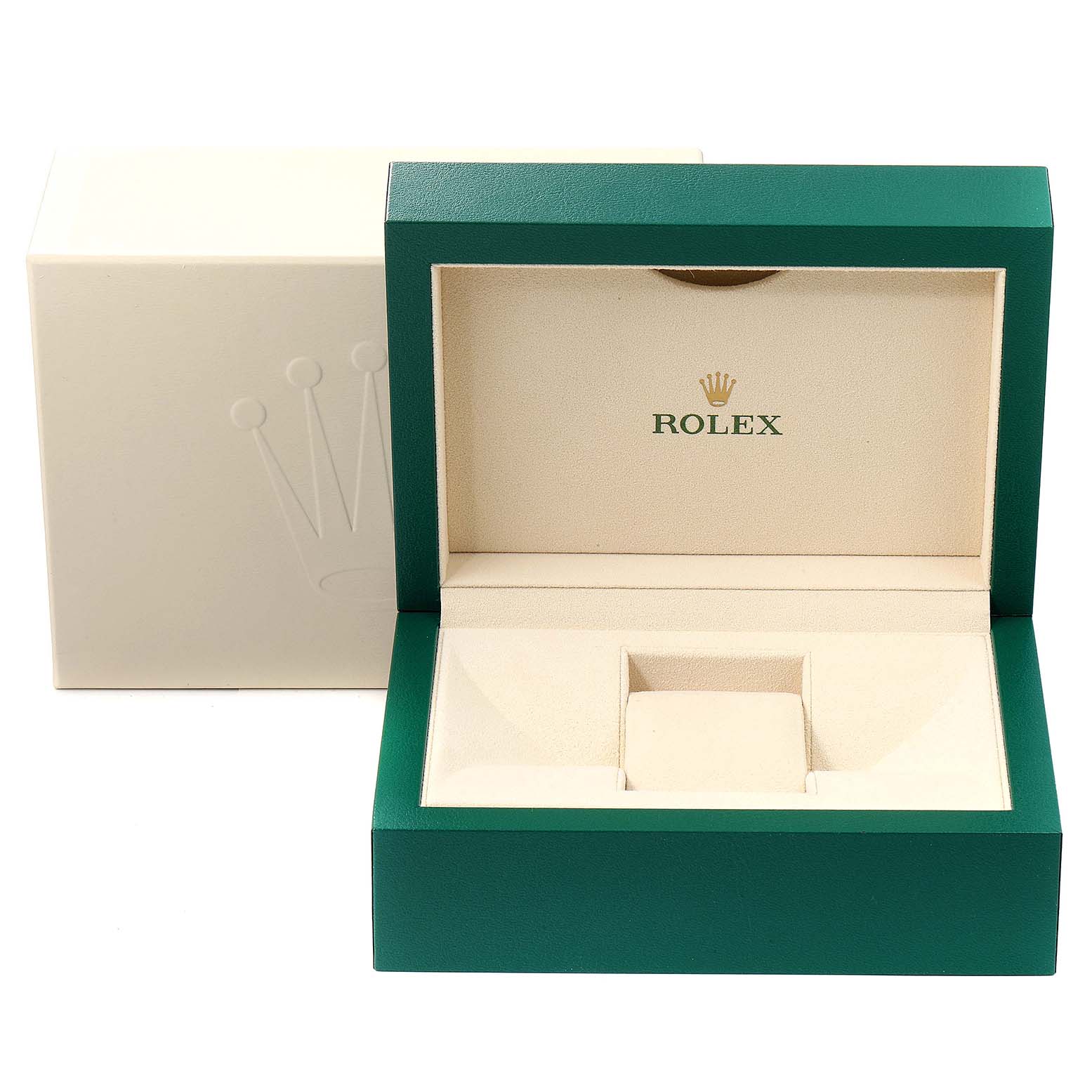 This image shows an open green Rolex watch box for the Daytona model, revealing its beige interior.
