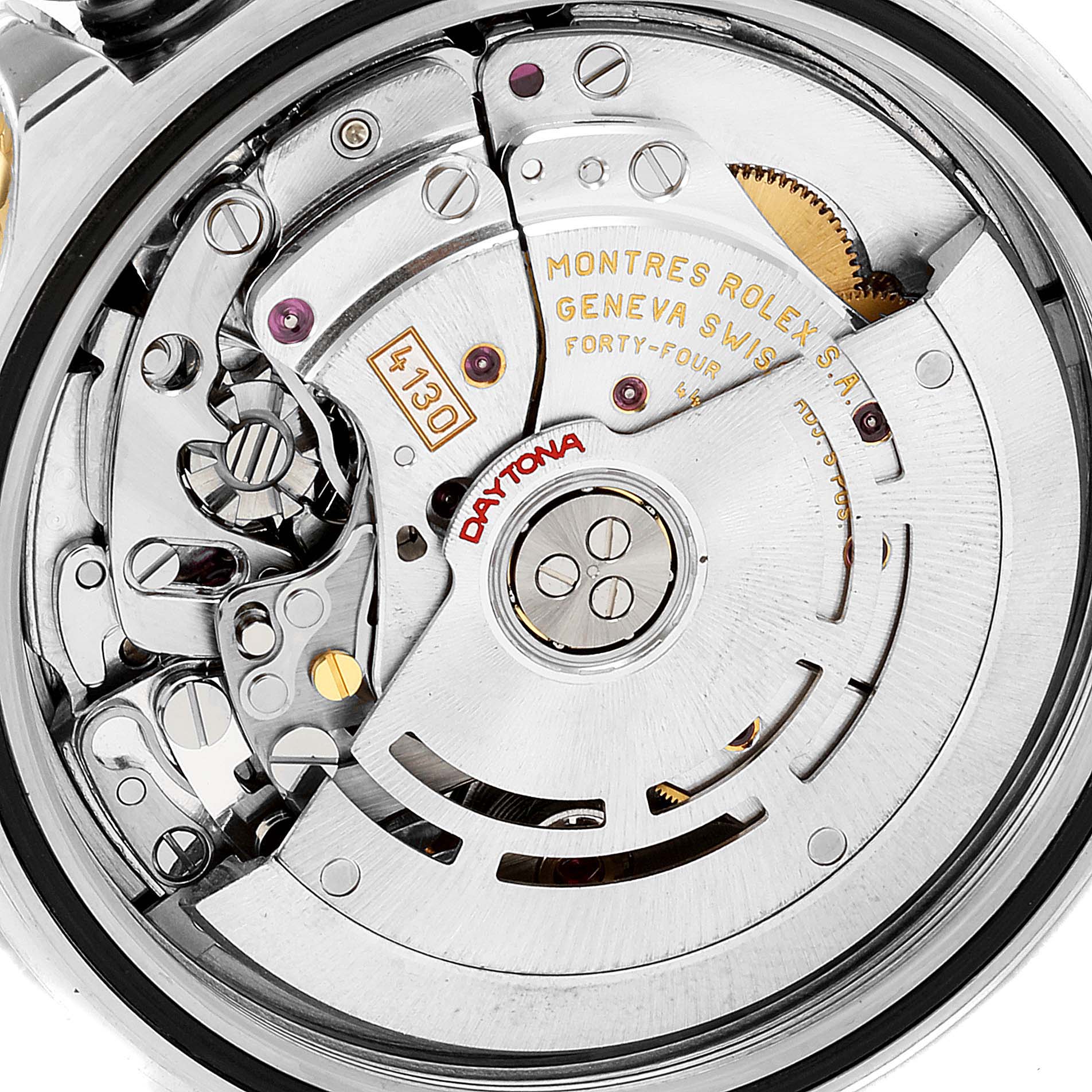The image shows a close-up view of the movement mechanism inside a Rolex Daytona 116523 Men
s Steel and Gold (two tone) Black Dial 116523 Men
s Steel and Gold (two tone) Black Dial watch.