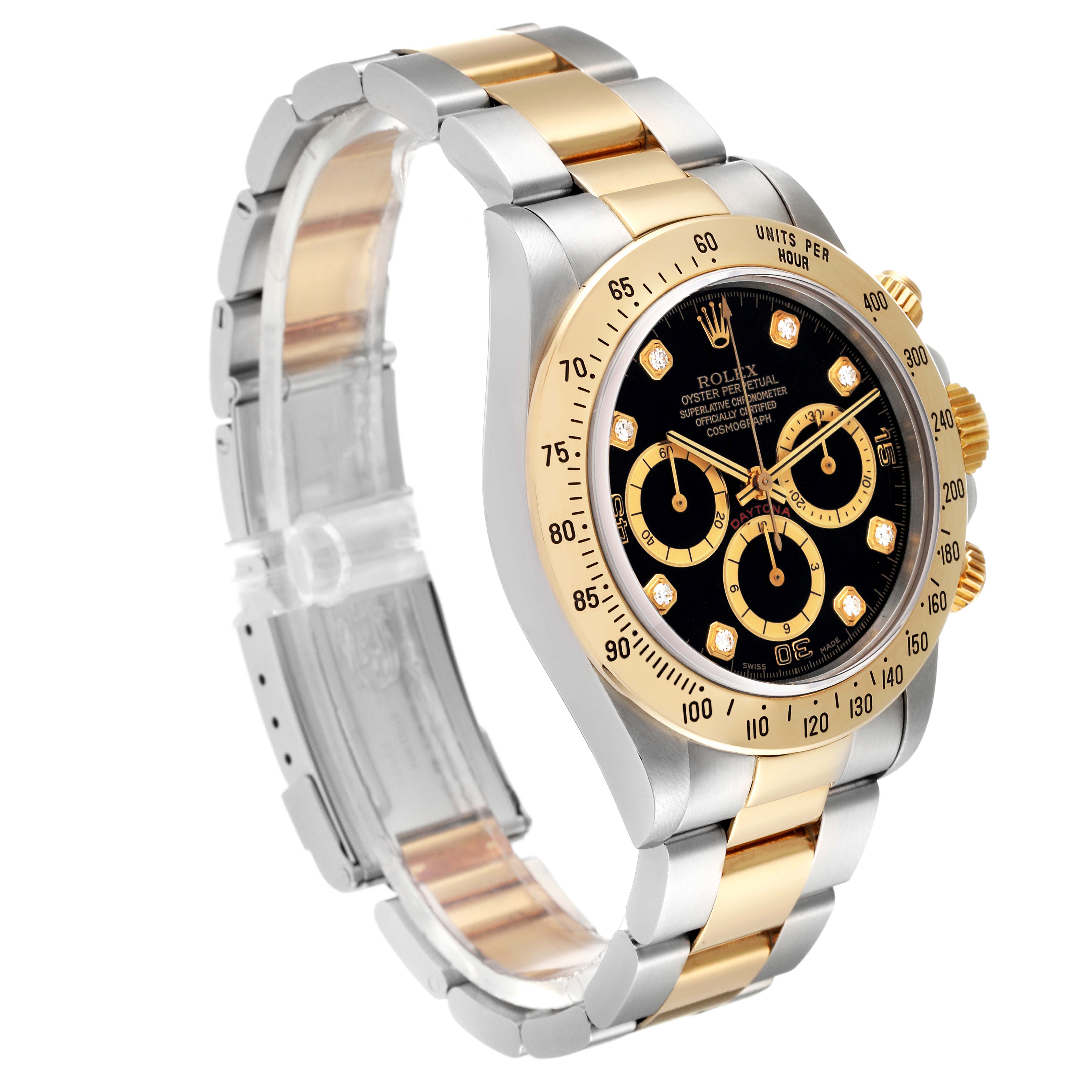 The image shows a side angle of a Rolex Daytona 16523 Men's Steel and Gold (two tone) Black Dial 16523 Men's Steel and Gold (two tone) Black Dial watch, highlighting its black and gold dial, bezel, crown, and two-tone bracelet.