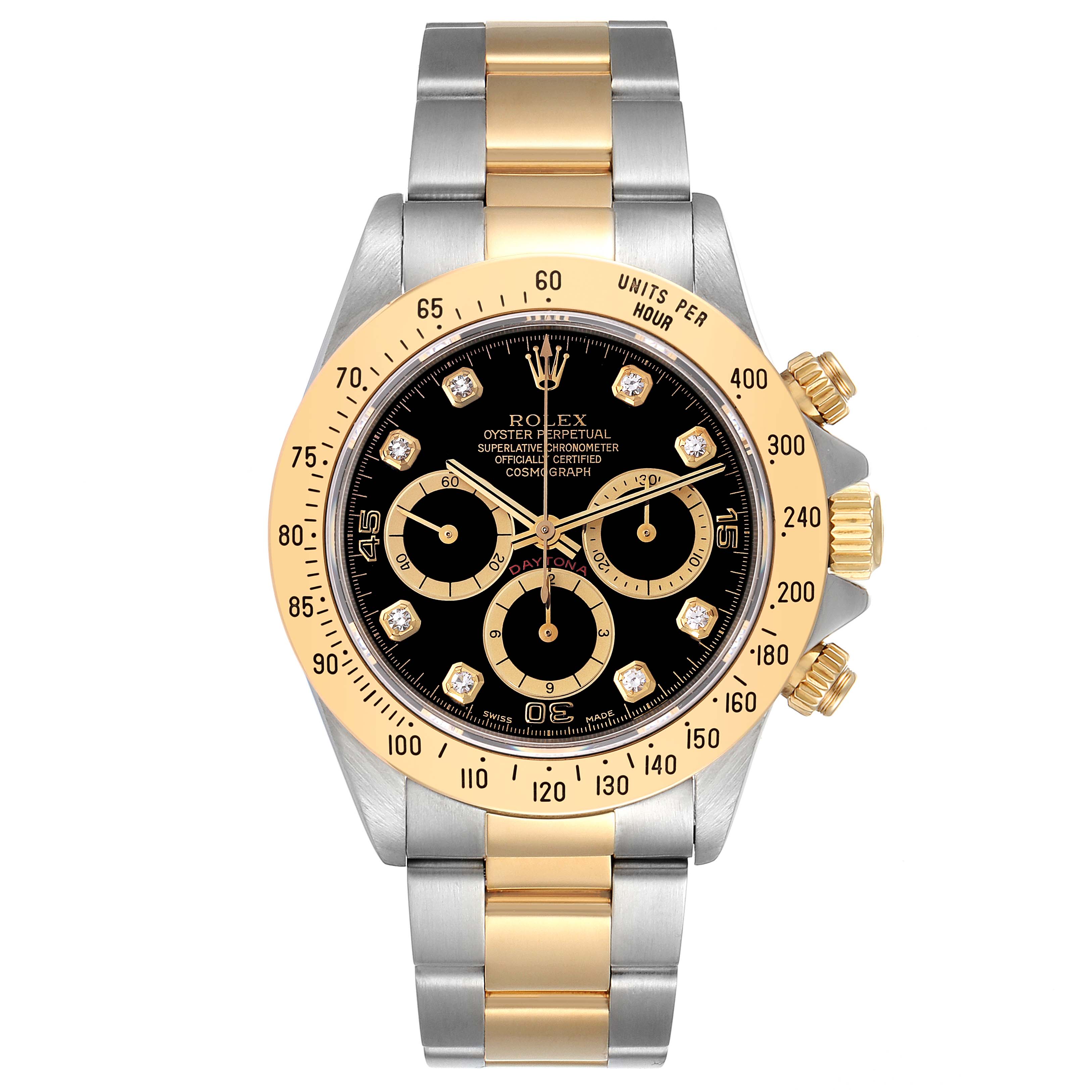 The image shows a front view of the Rolex Daytona 16523 Men's Steel and Gold (two tone) Black Dial 16523 Men's Steel and Gold (two tone) Black Dial watch, highlighting its two-tone bracelet, black dial with gold subdials, and diamond hour markers.