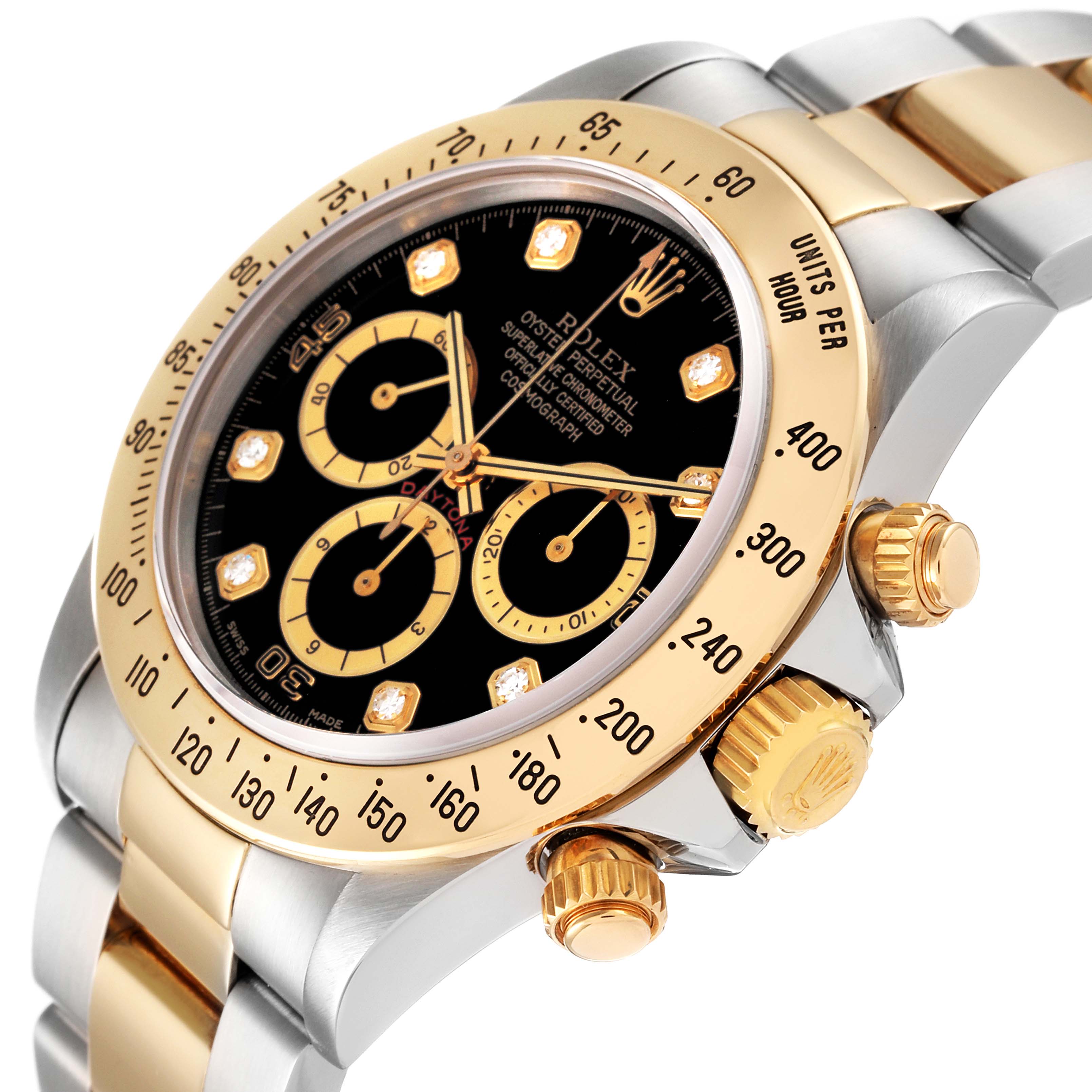 This Rolex Daytona 16523 Men's Steel and Gold (two tone) Black Dial 16523 Men's Steel and Gold (two tone) Black Dial watch is shown at an angled close-up, focusing on its gold bezel, black dial, and crown.