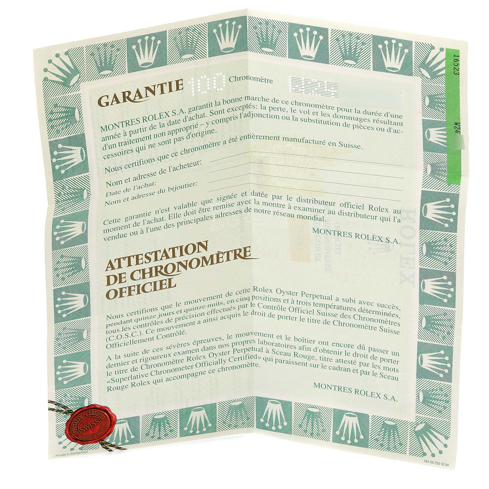 This image shows the warranty and certification document for a Rolex Daytona 16523 Men's Steel and Gold (two tone) Black Dial 16523 Men's Steel and Gold (two tone) Black Dial model watch.