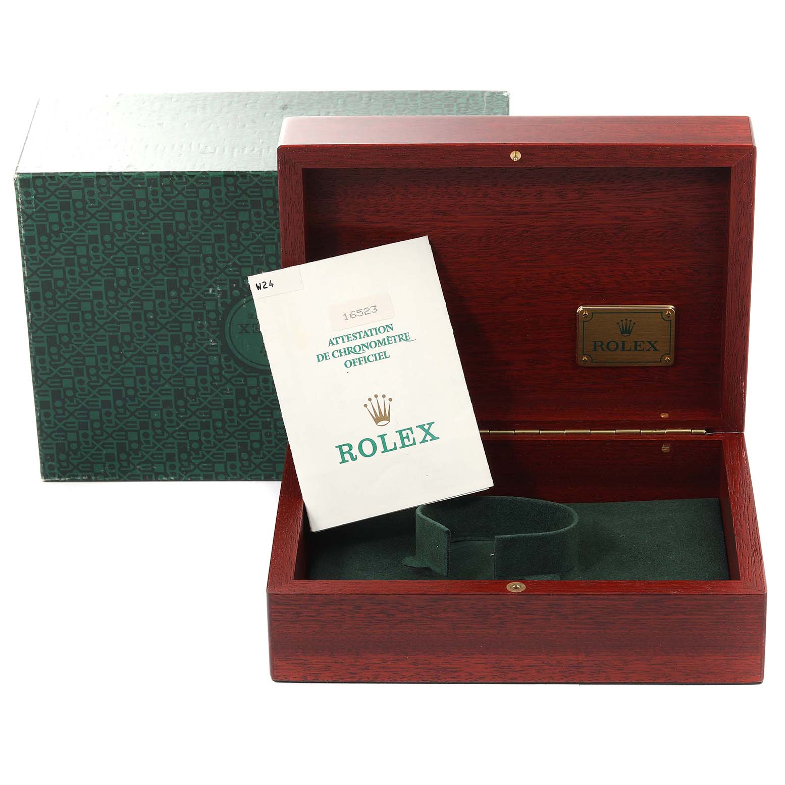 The image shows the packaging and paperwork for a Rolex Daytona 16523 Men's Steel and Gold (two tone) Black Dial 16523 Men's Steel and Gold (two tone) Black Dial watch, including a green outer box and an open wooden case.