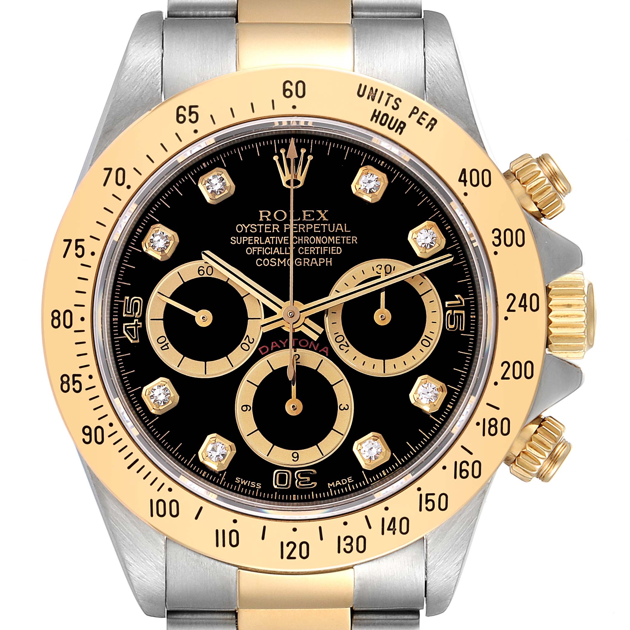 The image shows a frontal view of a Rolex Daytona 16523 Men's Steel and Gold (two tone) Black Dial 16523 Men's Steel and Gold (two tone) Black Dial watch featuring its bezel, dial, subdials, and crown.