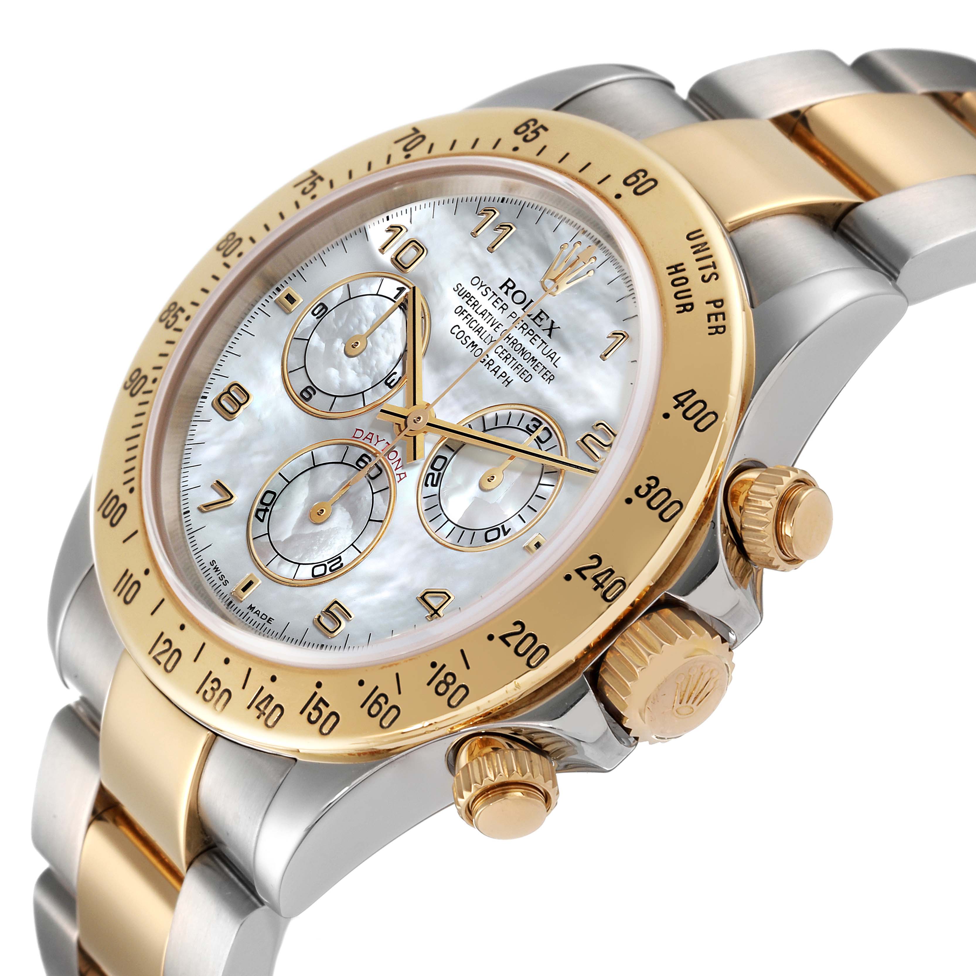 The image shows a close-up, angled view of the face, bezel, and crown of a Rolex Daytona 116523 Men's Steel and Gold (two tone) Mother of Pearl Dial 116523 Men's Steel and Gold (two tone) Mother of Pearl Dial watch.