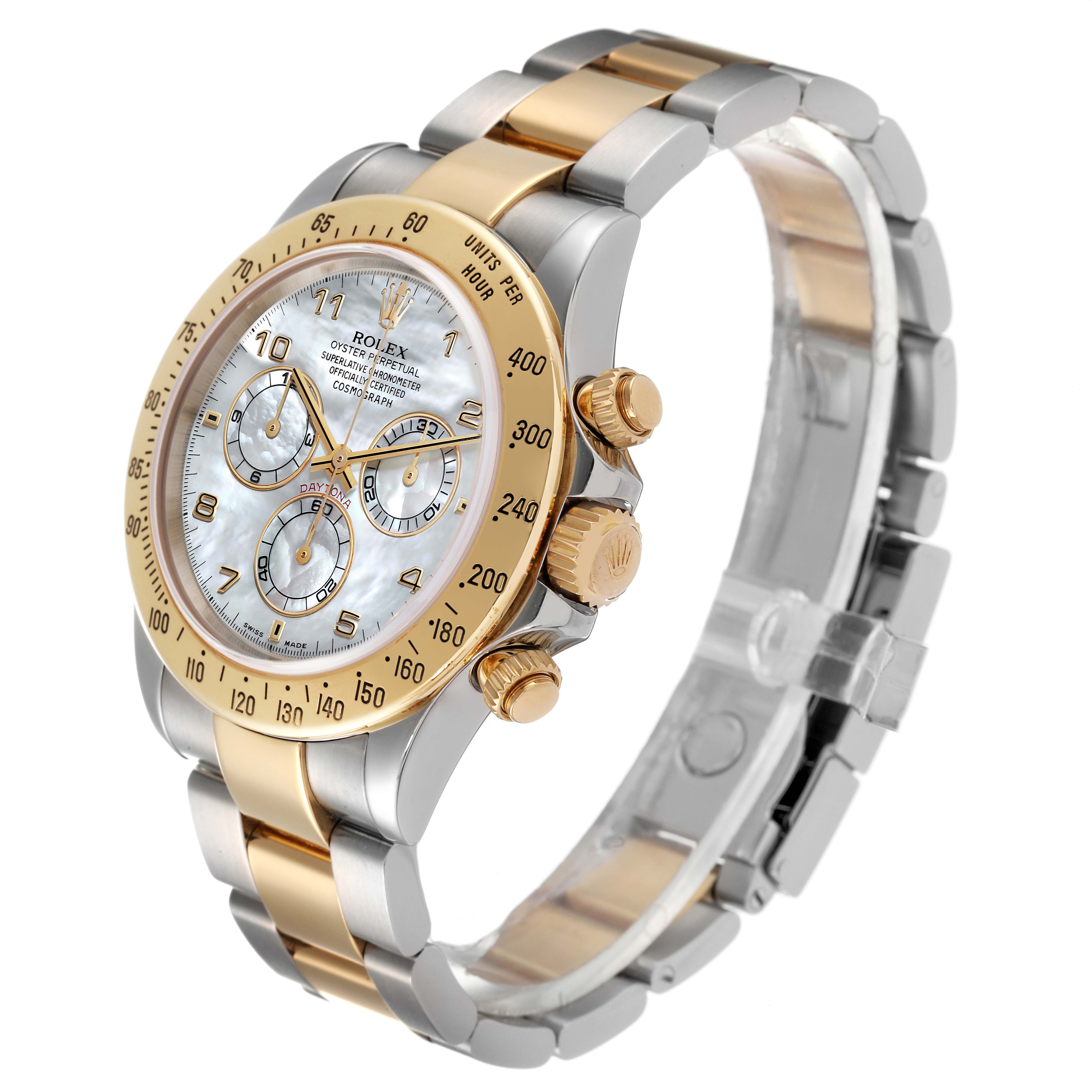 The Rolex Daytona 116523 Men's Steel and Gold (two tone) Mother of Pearl Dial 116523 Men's Steel and Gold (two tone) Mother of Pearl Dial watch is shown at a three-quarter angle highlighting its dial, bezel, and two-tone bracelet.