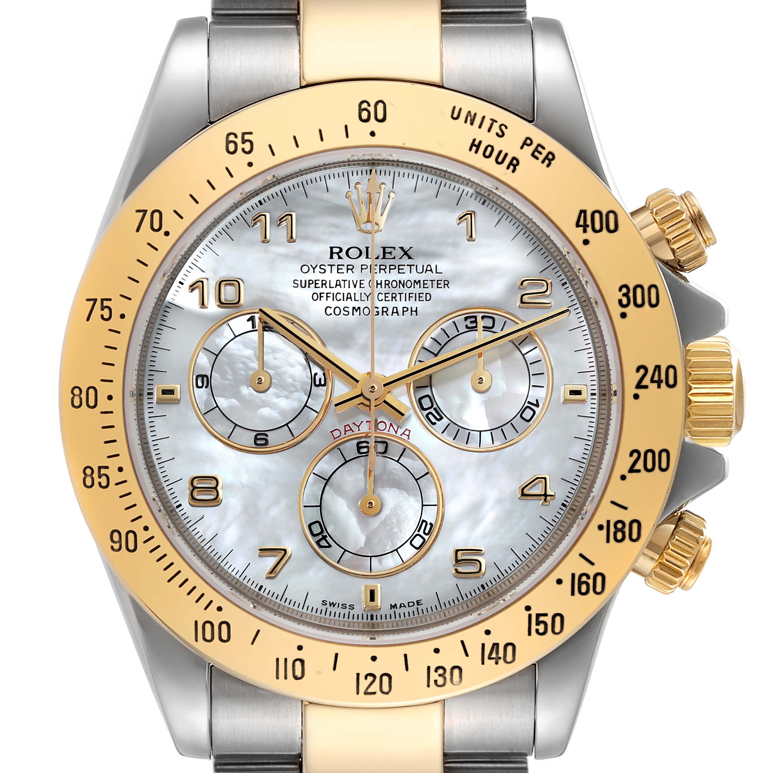 The image shows a close-up, frontal view of the dial and bezel of the Rolex Daytona 116523 Men's Steel and Gold (two tone) Mother of Pearl Dial 116523 Men's Steel and Gold (two tone) Mother of Pearl Dial watch.
