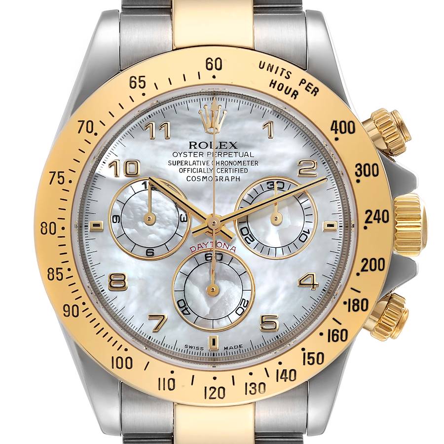 Rolex Daytona Yellow Gold Steel Mother of Pearl Dial Mens Watch 116523 SwissWatchExpo