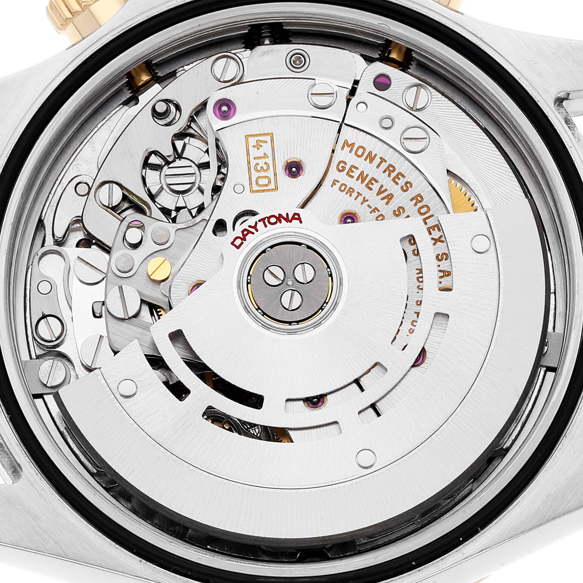 The image shows the movement mechanism of a Rolex Daytona 116523 Men's Steel and Gold (two tone) Mother of Pearl Dial 116523 Men's Steel and Gold (two tone) Mother of Pearl Dial watch, viewed from the back.