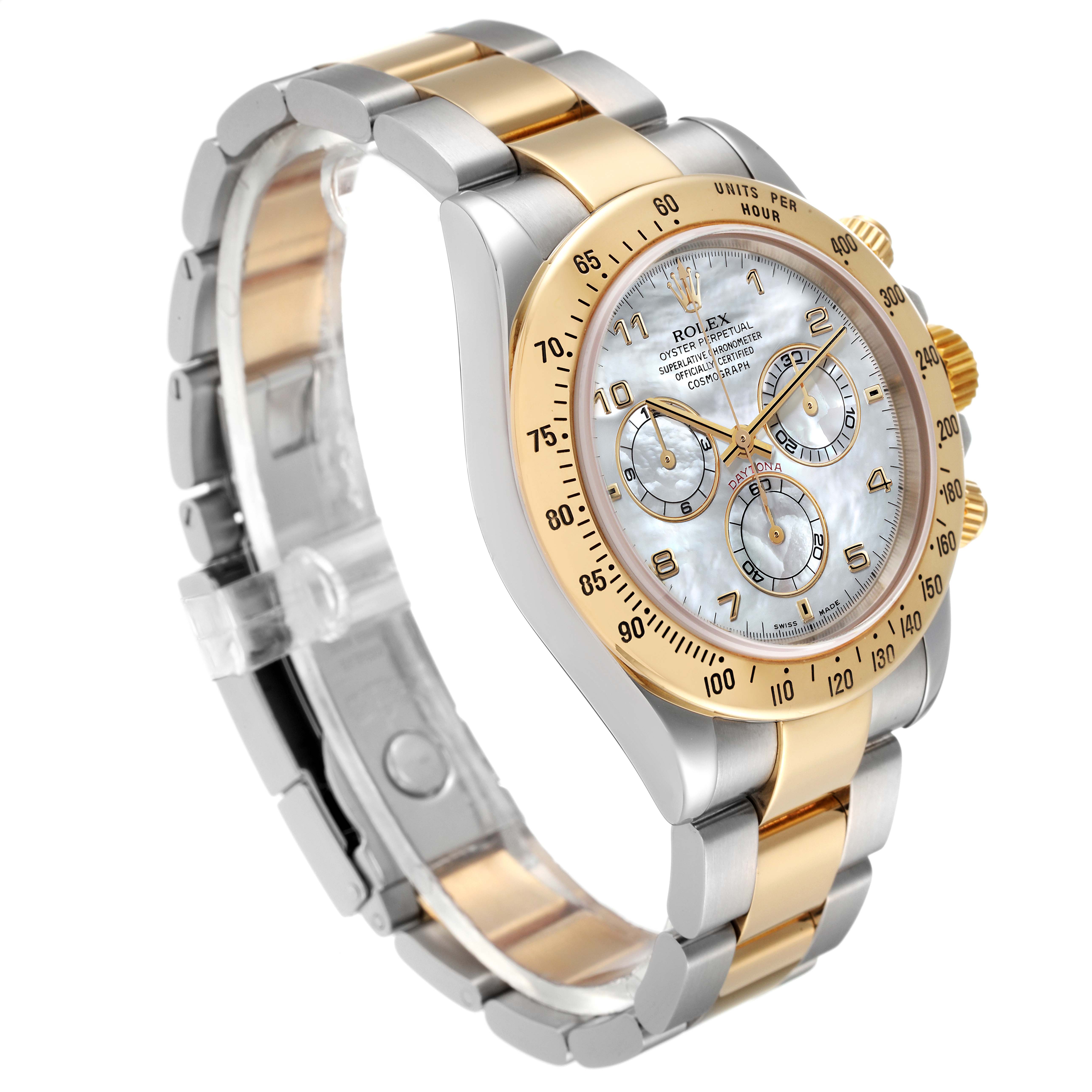 This image of a Rolex Daytona 116523 Men's Steel and Gold (two tone) Mother of Pearl Dial 116523 Men's Steel and Gold (two tone) Mother of Pearl Dial watch shows a side view, highlighting its two-tone bracelet, chronograph dial, and gold bezel.