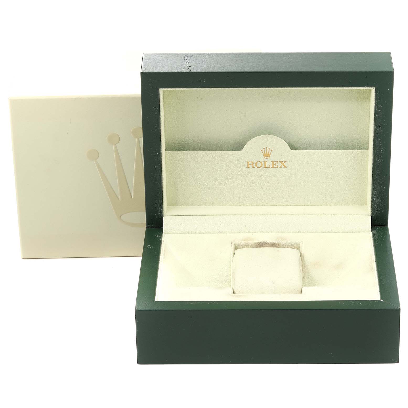 This image shows an open Rolex Daytona 116523 Men's Steel and Gold (two tone) Mother of Pearl Dial 116523 Men's Steel and Gold (two tone) Mother of Pearl Dial watch box with a green exterior and light-colored interior.