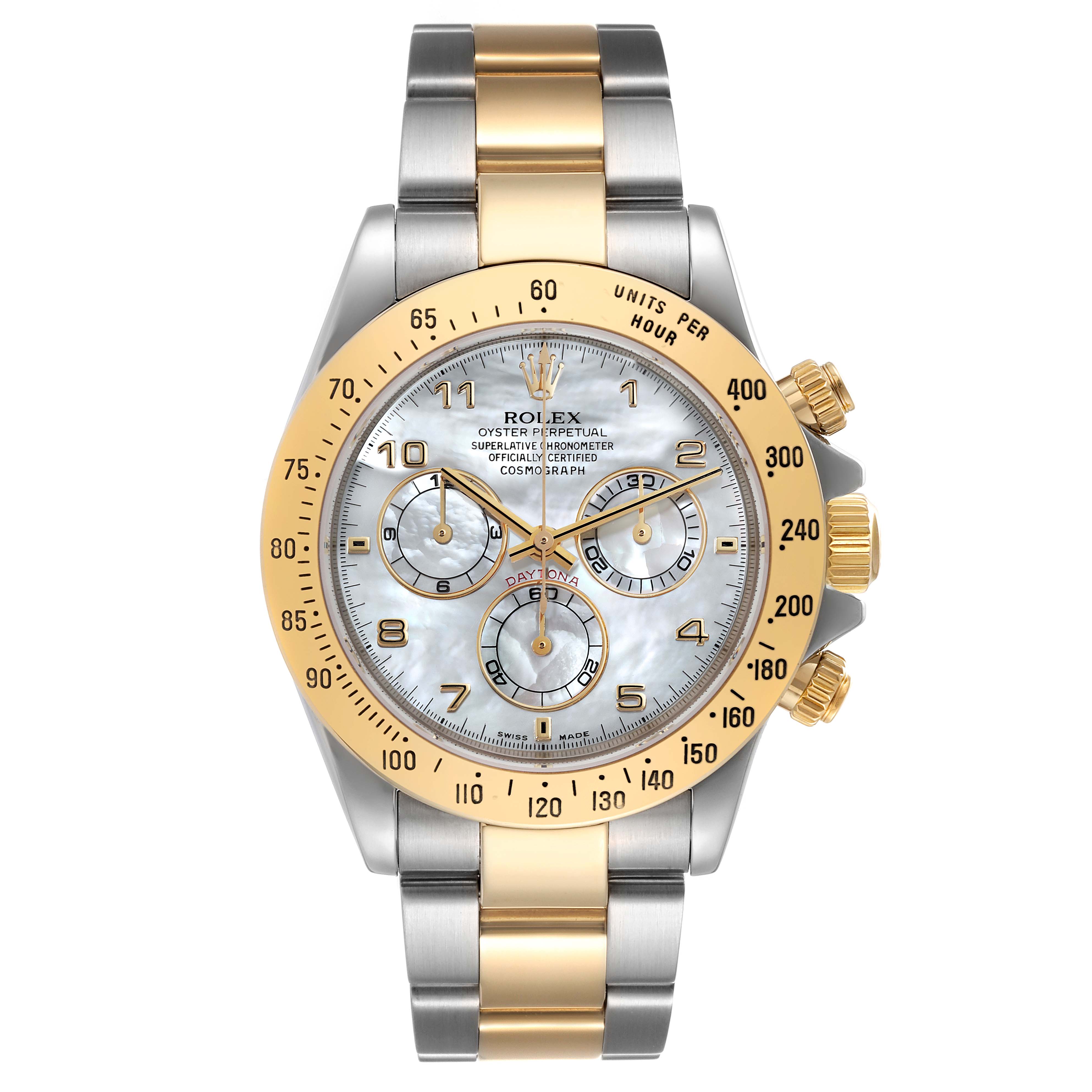 The image shows a front view of a Rolex Daytona 116523 Men's Steel and Gold (two tone) Mother of Pearl Dial 116523 Men's Steel and Gold (two tone) Mother of Pearl Dial watch with a two-tone bracelet and three subdials.