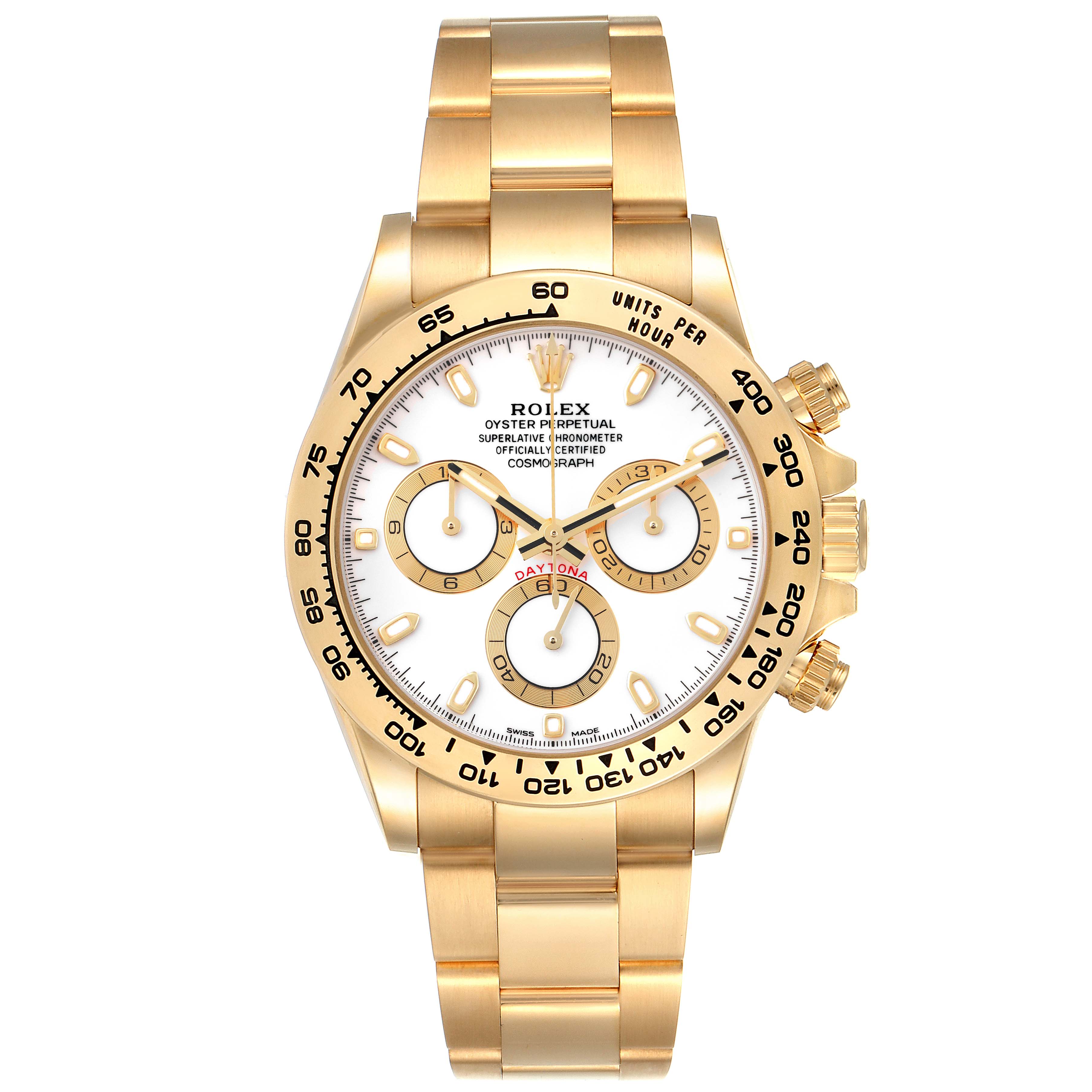 The image shows a front view of a Rolex Daytona 116508 Men's Yellow Gold White Dial 116508 Men's Yellow Gold White Dial watch, highlighting its gold bracelet, white dial, and chronograph subdials.