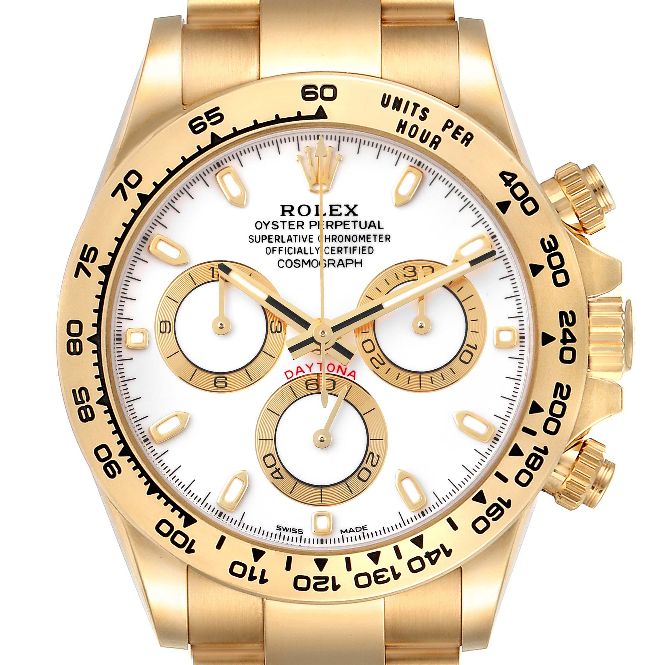 The image displays a frontal view of a Rolex Daytona 116508 Men's Yellow Gold White Dial 116508 Men's Yellow Gold White Dial watch showcasing its dial, bezel, and chronograph subdials.
