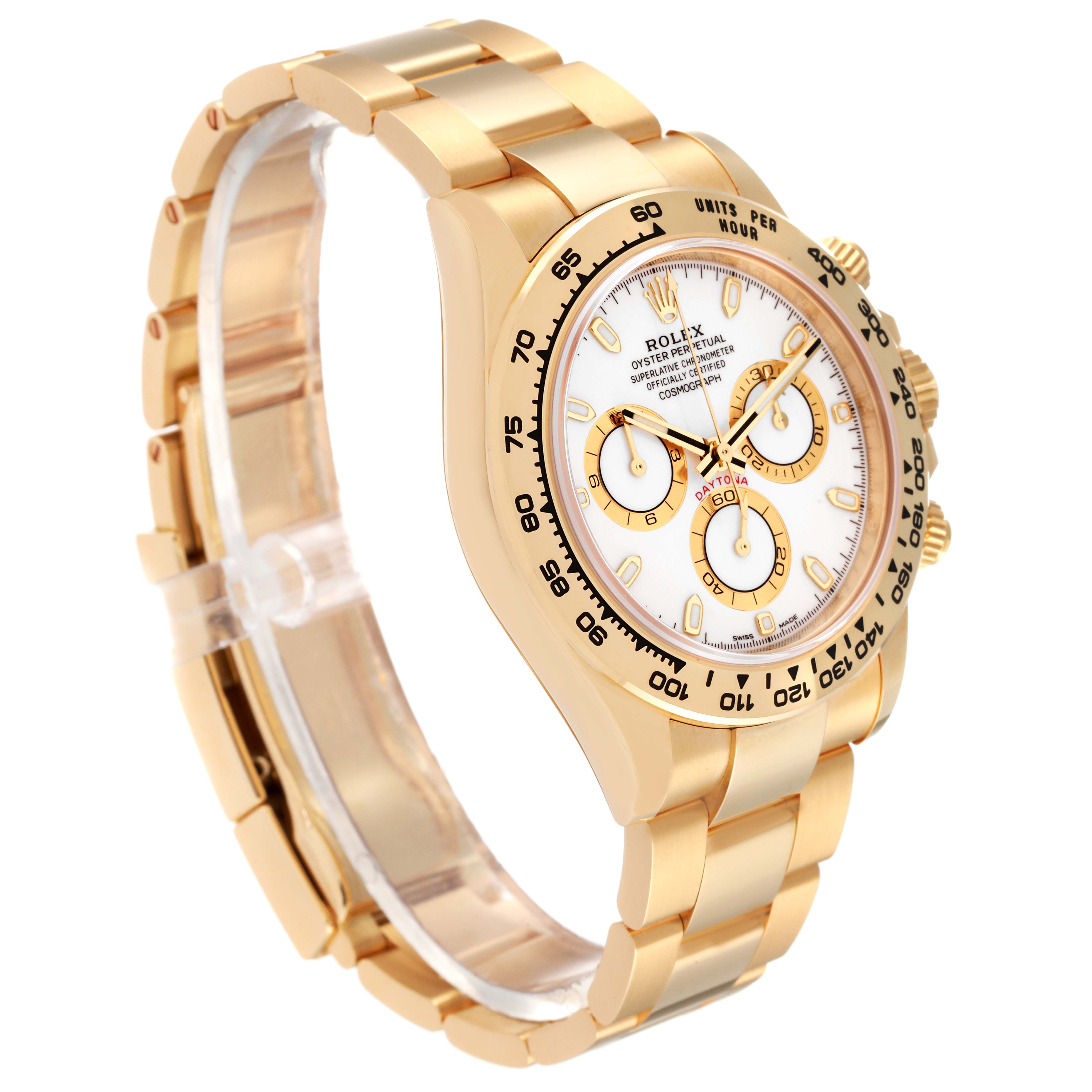 The image shows a side angle of a Rolex Daytona 116508 Men's Yellow Gold White Dial 116508 Men's Yellow Gold White Dial watch, highlighting its gold bracelet and detailed white dial with subdials.